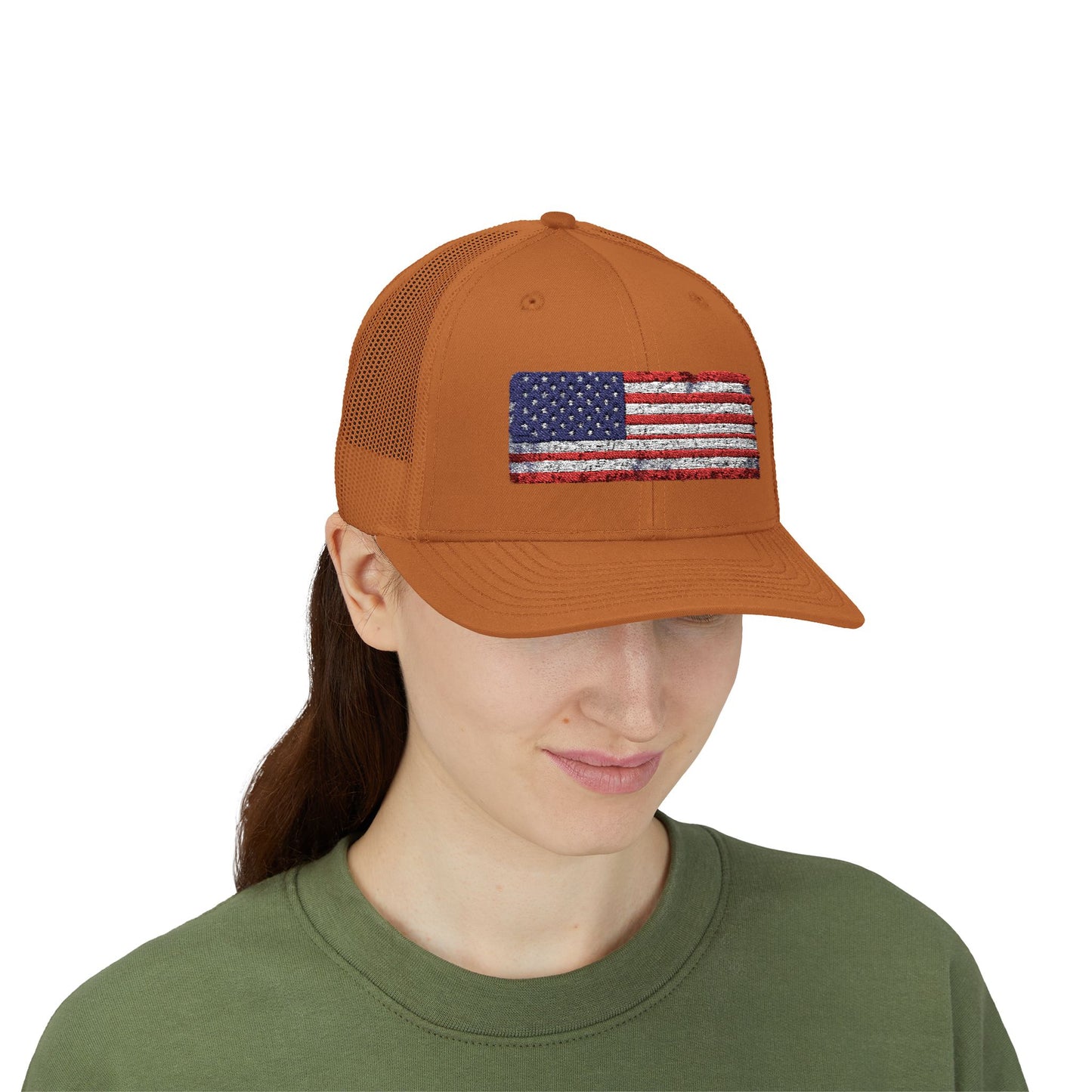 #250 Distressed American Flag Snapback Trucker Cap