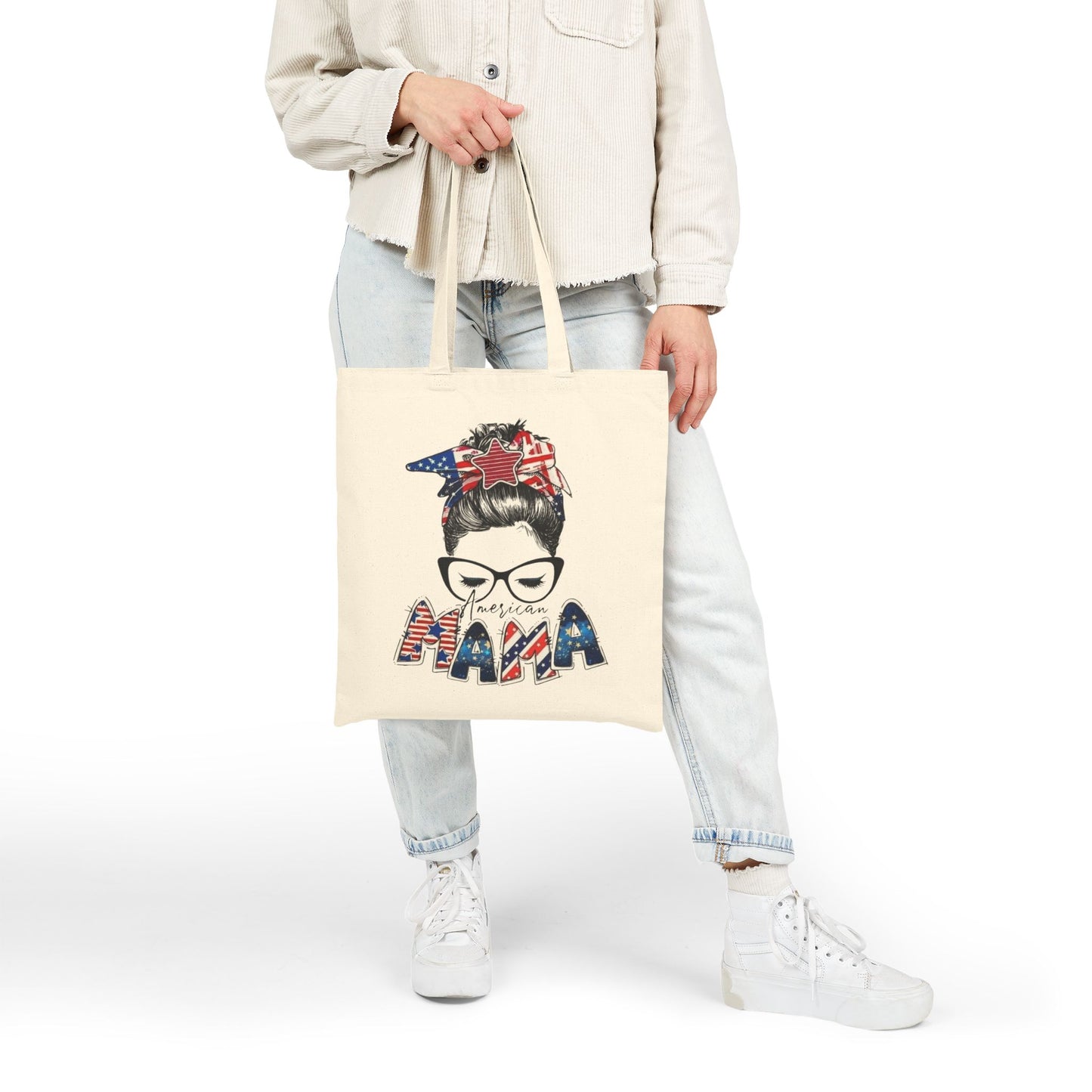 #250 Mama USA Flag Messy Bun Canvas Tote Bag