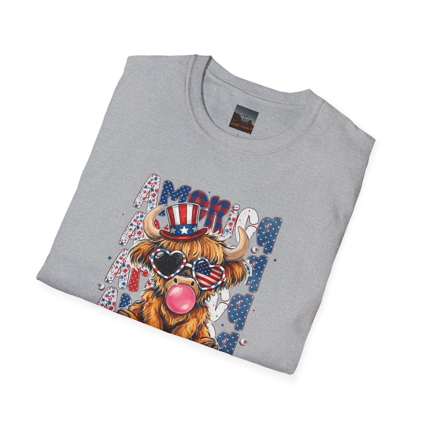 #250 American Flag Bubblegum Patriotic Highland Cow T-Shirt