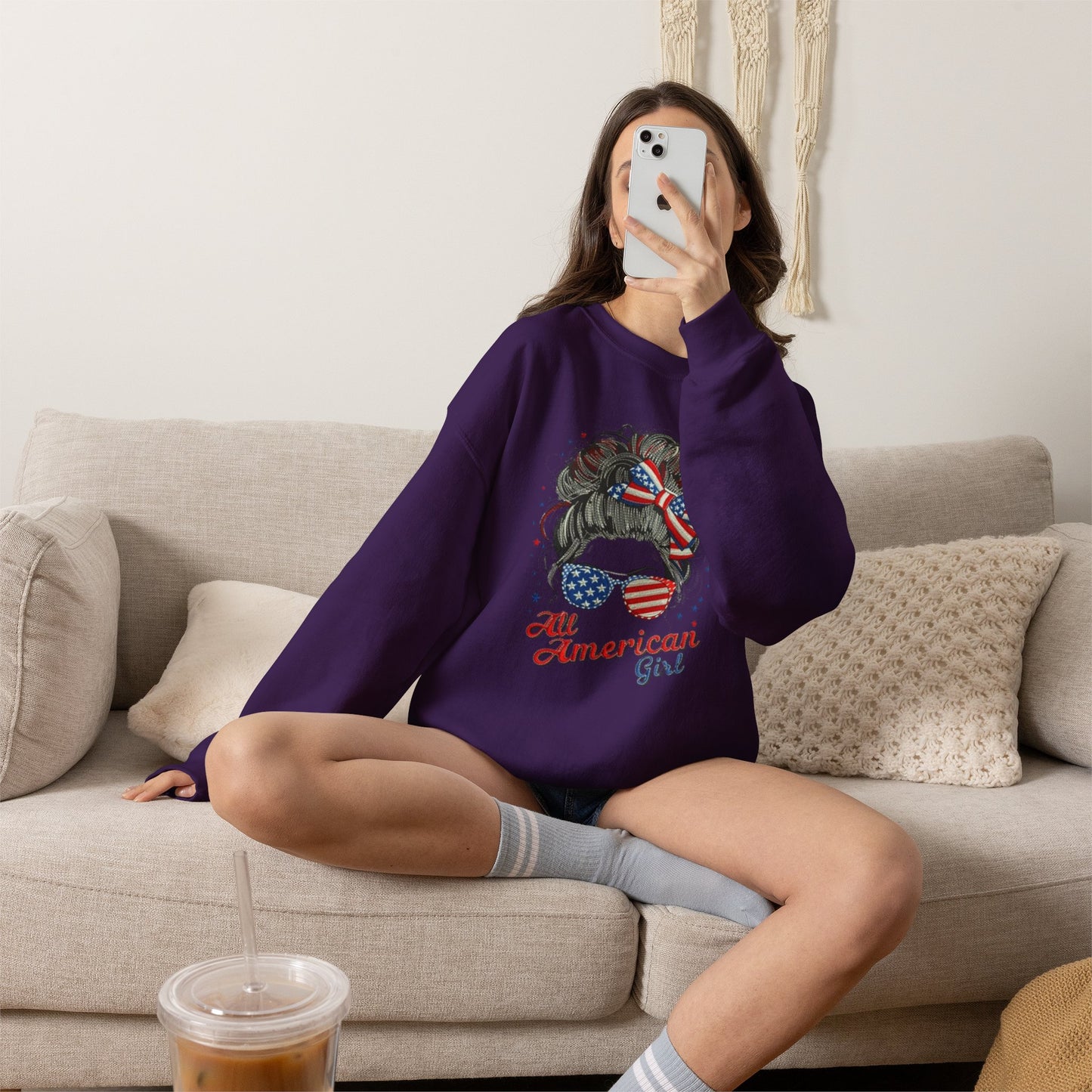 #250 "All American Girl" Patriotic Messy Bun Sweatshirt