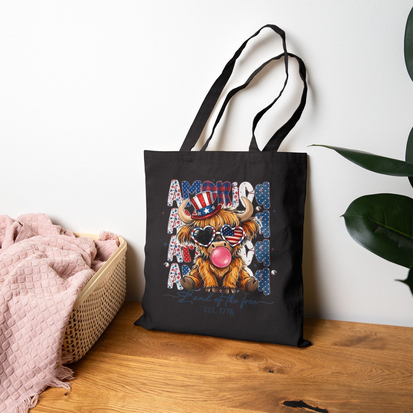 #250 American Flag Bubblegum Patriotic Highland Cow Canvas Tote Bag