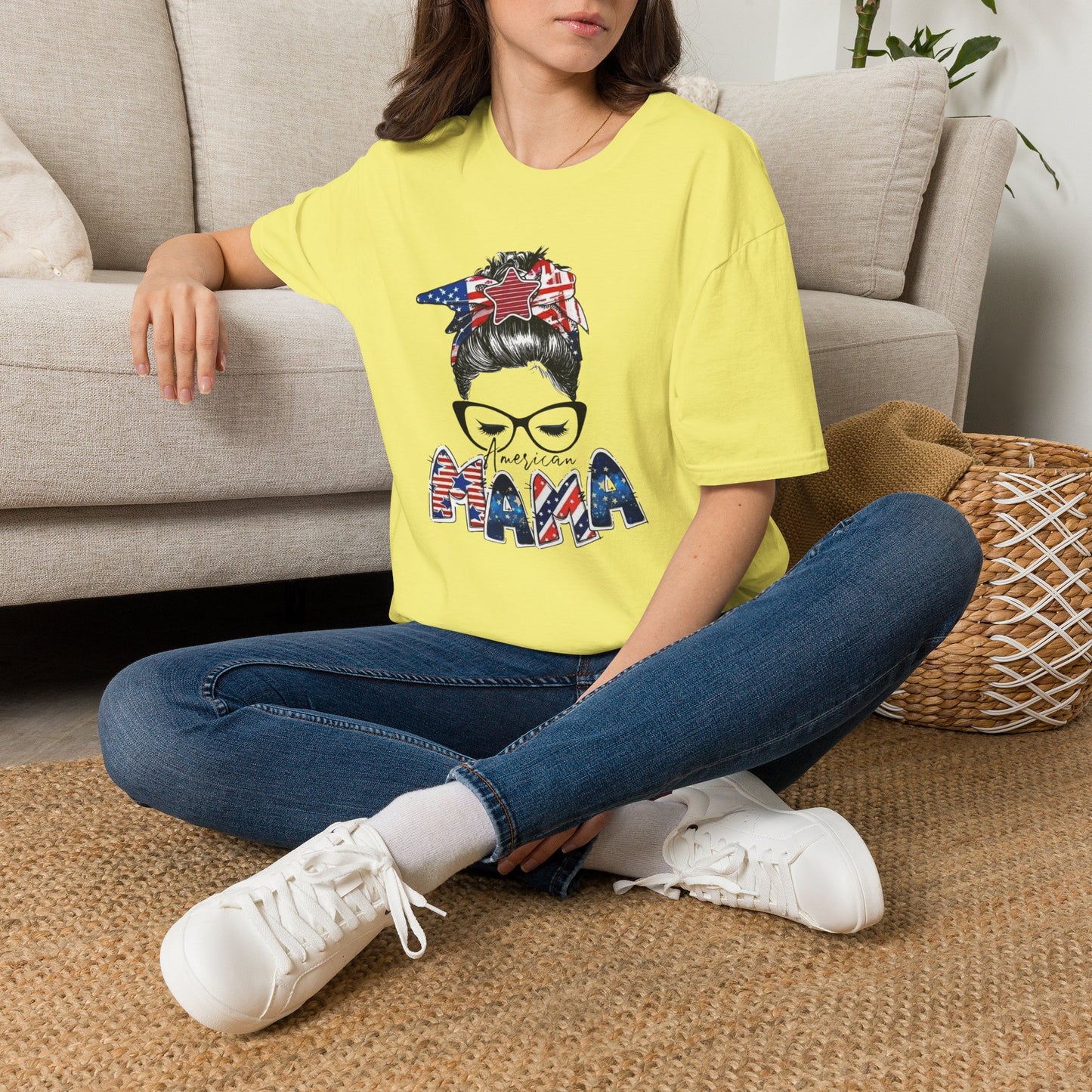 Mama USA Flag Messy Bun T-Shirt