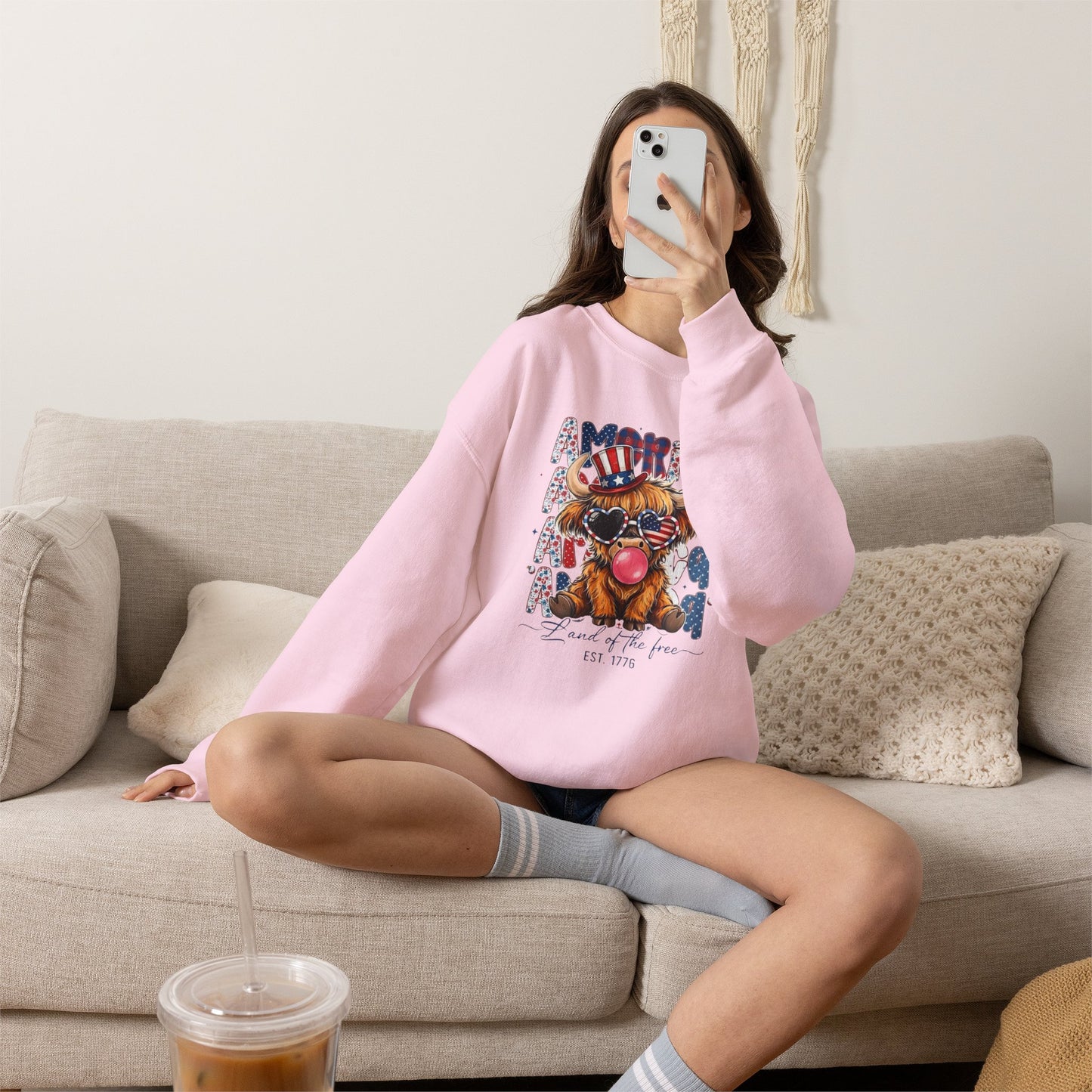#250 American Flag Bubblegum Patriotic Highland Cow Sweatshirt