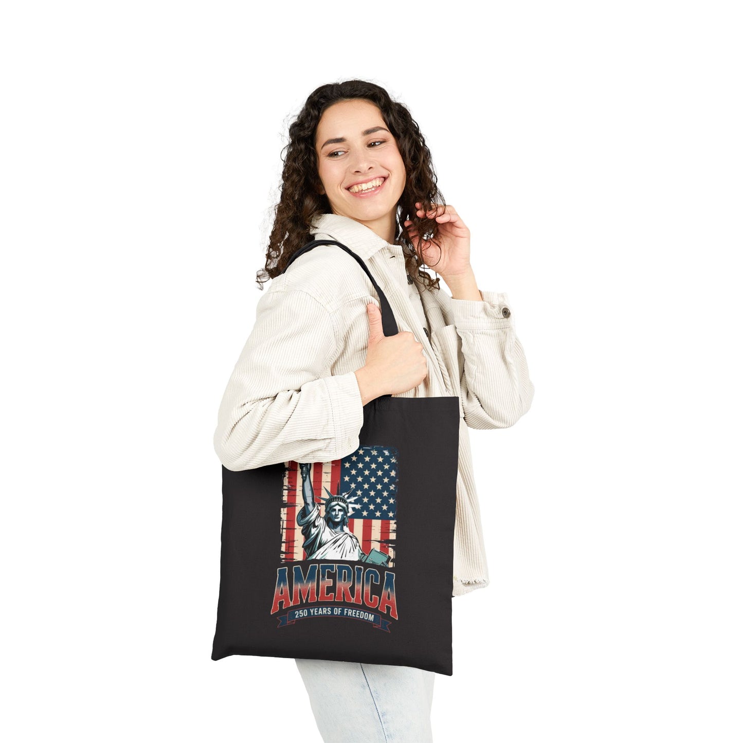#250 Statue of Liberty American Flag 'America' Patriotic Independence Day Canvas Tote