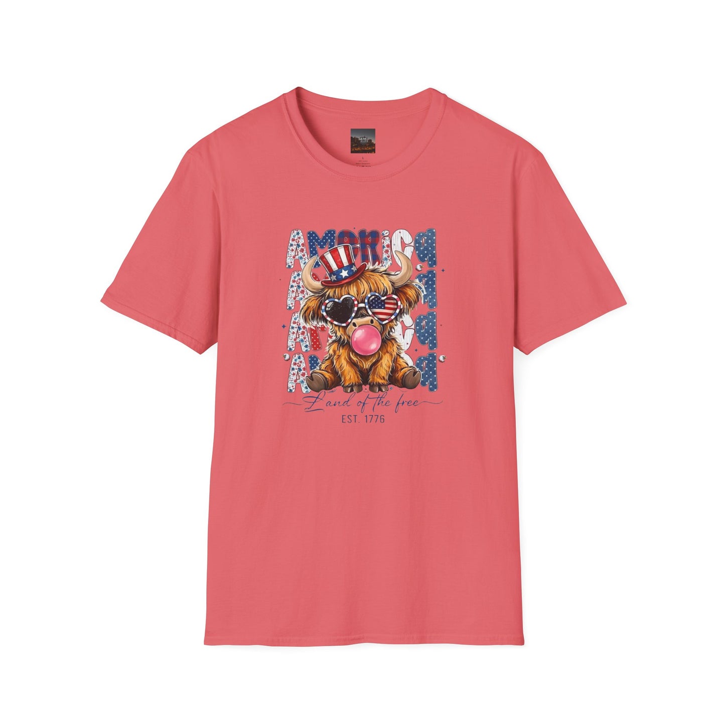#250 American Flag Bubblegum Patriotic Highland Cow T-Shirt
