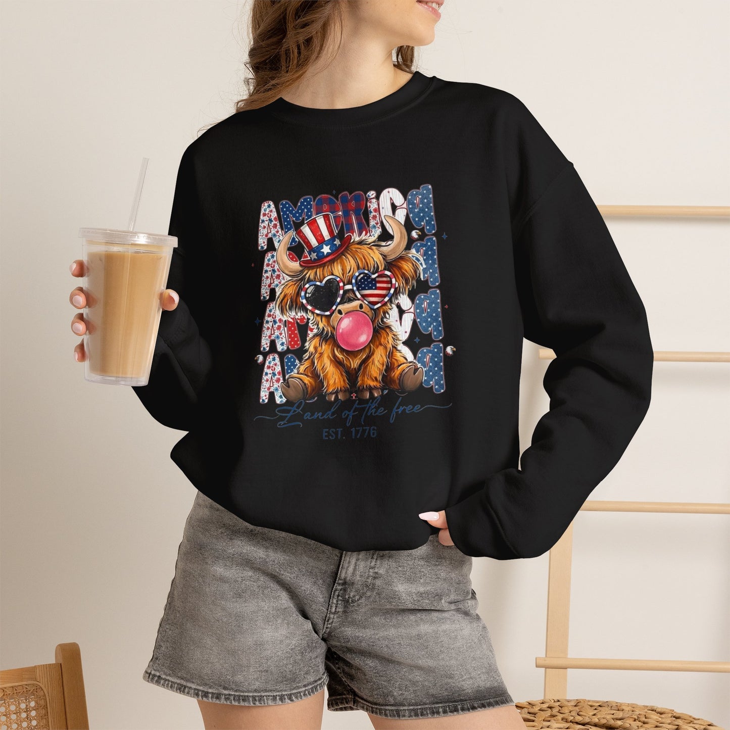 #250 American Flag Bubblegum Patriotic Highland Cow Sweatshirt