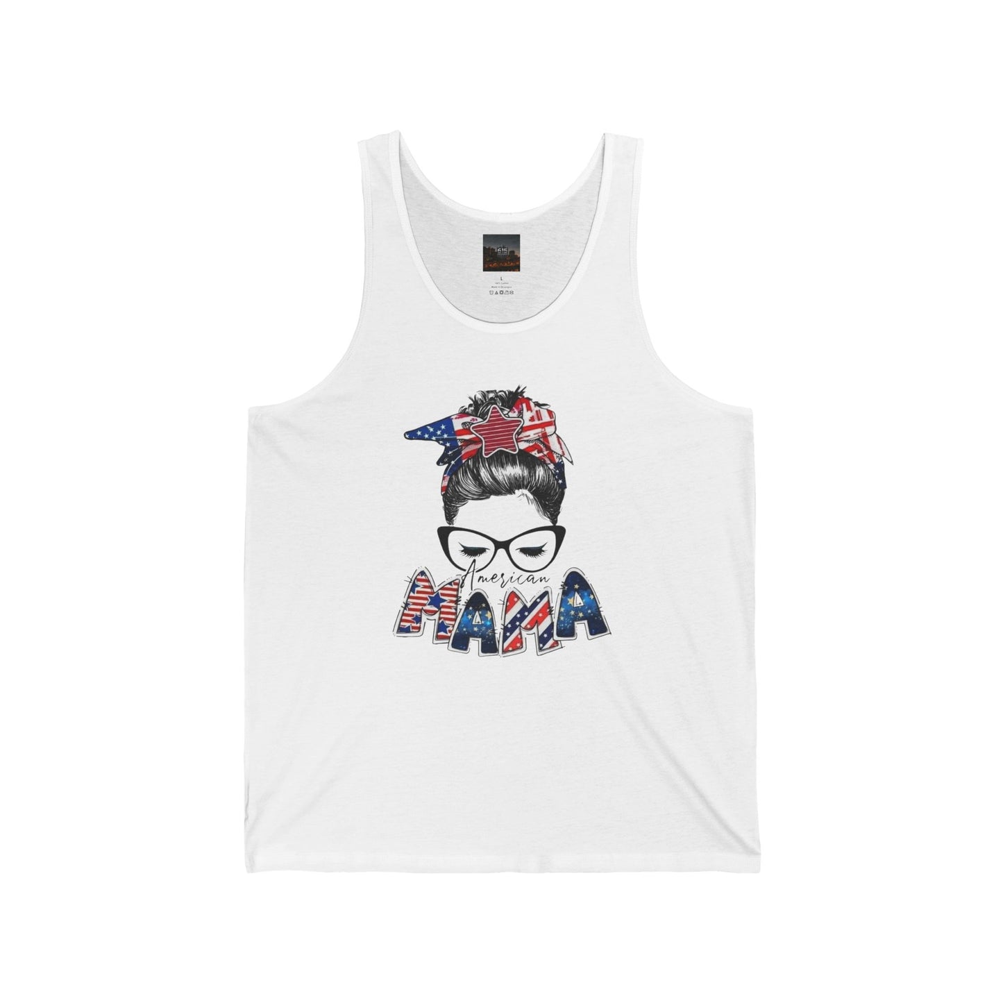 #250 Mama USA Flag Messy Bun Tank Top