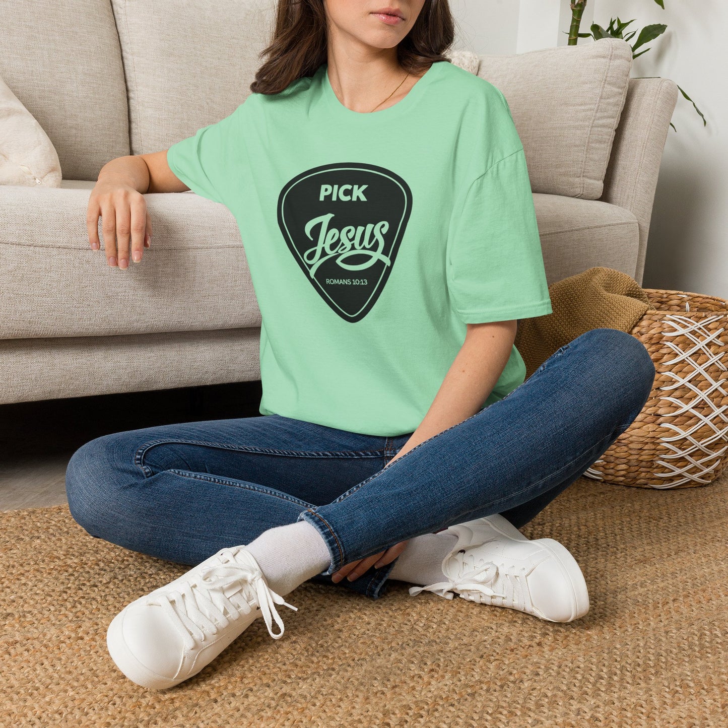 Pick Jesus T-Shirt — Christian Guitar Pick Design (Romans 10:13)