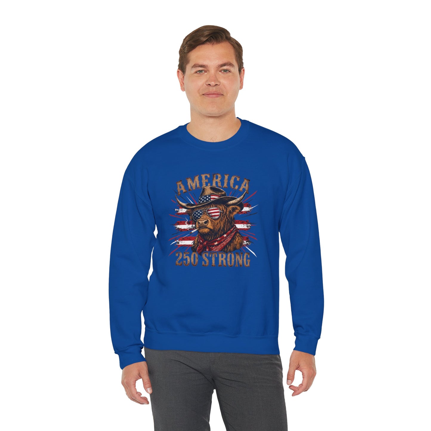 #250 America 250 Strong Patriotic Bull with American Flag Sweatshirt