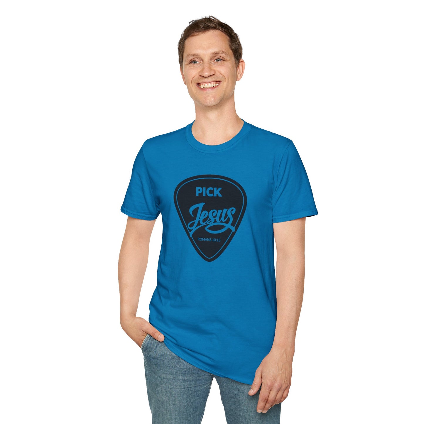 Pick Jesus T-Shirt — Christian Guitar Pick Design (Romans 10:13)
