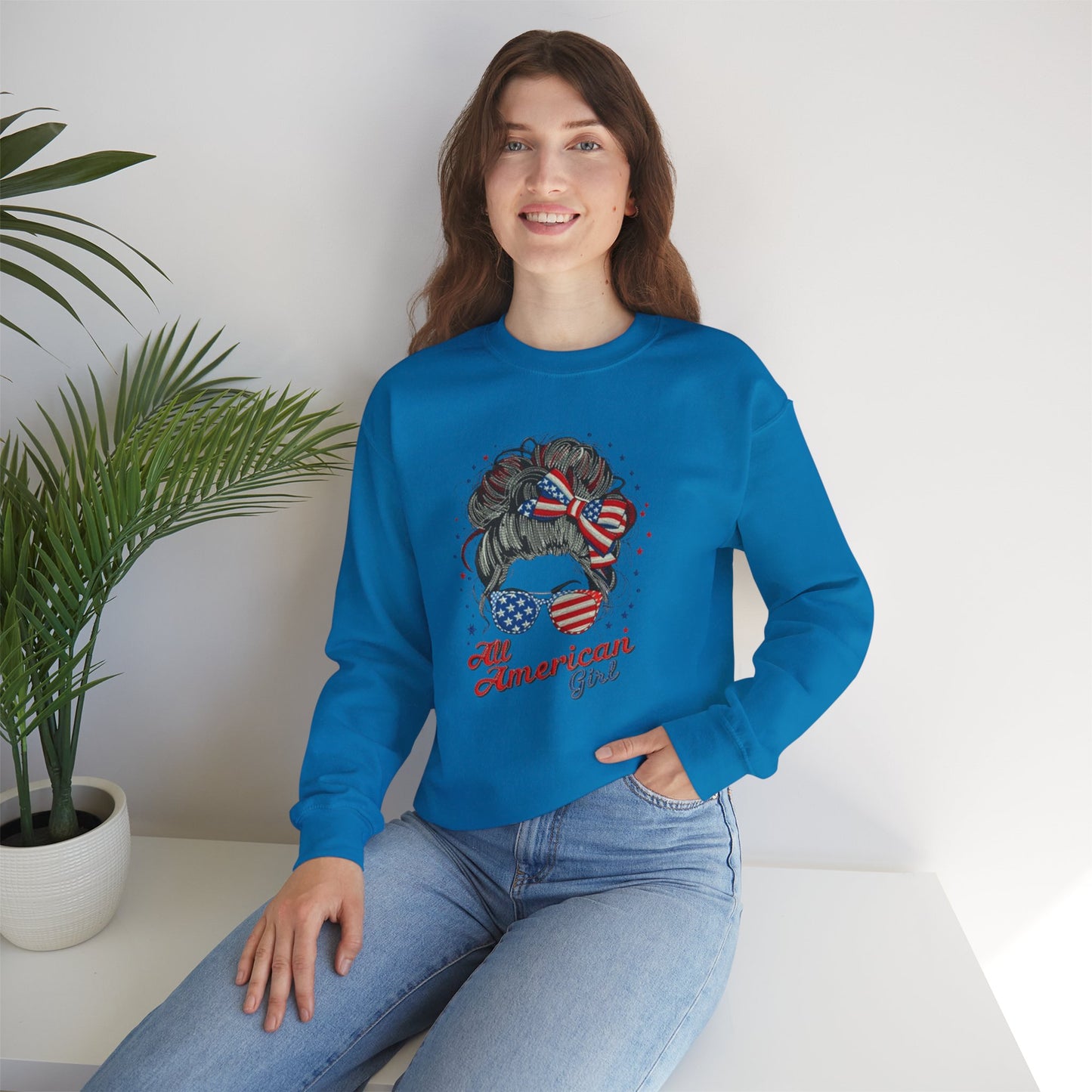 #250 "All American Girl" Patriotic Messy Bun Sweatshirt