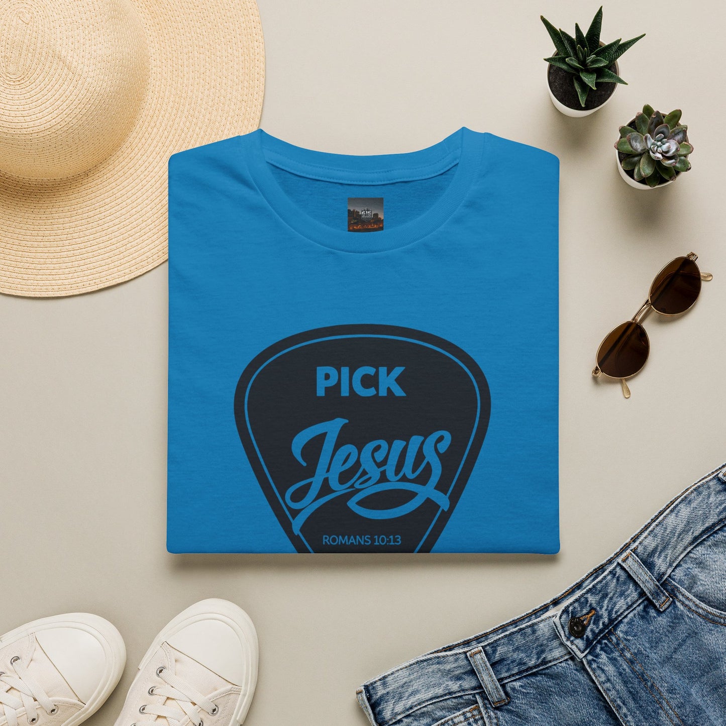 Pick Jesus T-Shirt — Christian Guitar Pick Design (Romans 10:13)