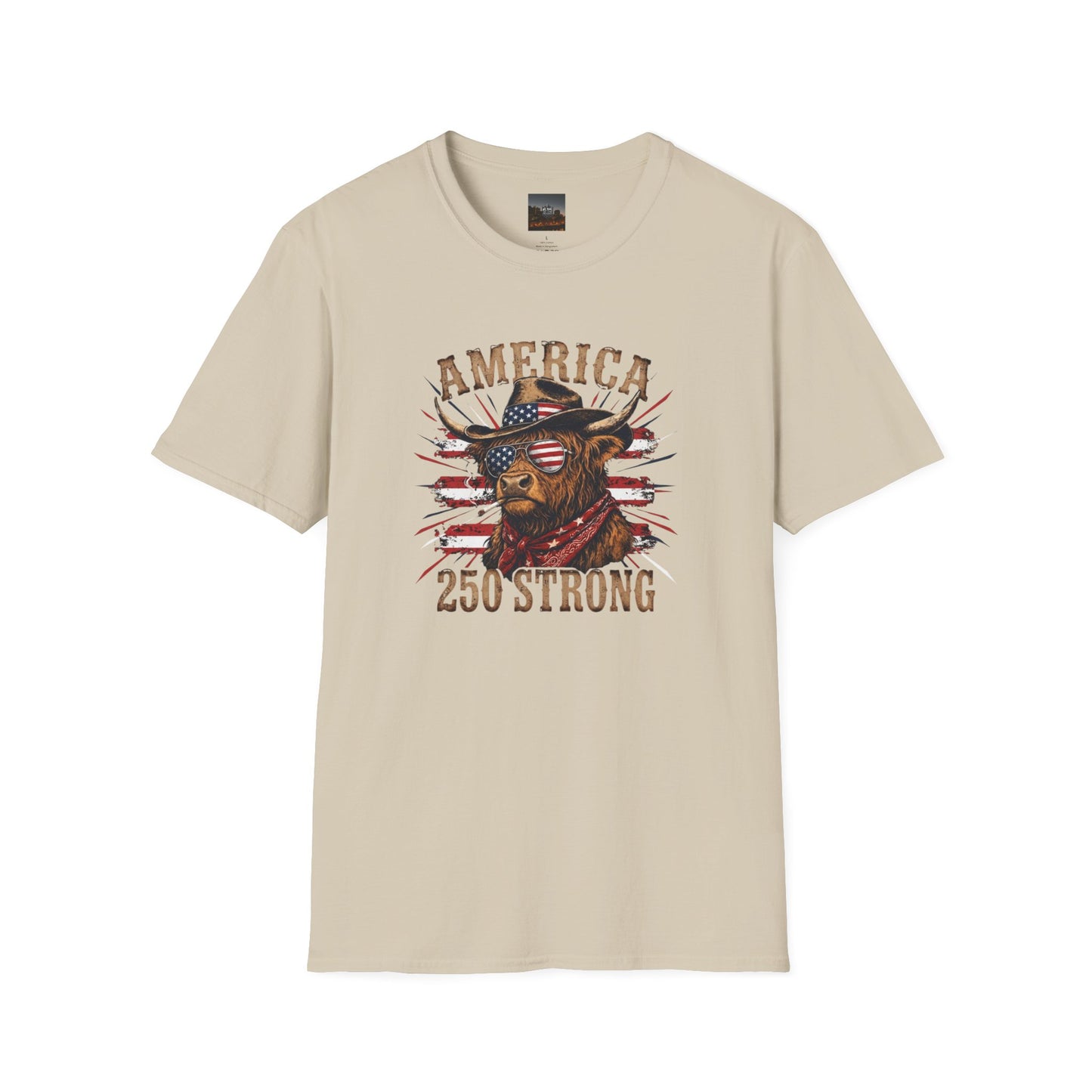 #250 America 250 Strong Patriotic Bull with American Flag T-Shirt