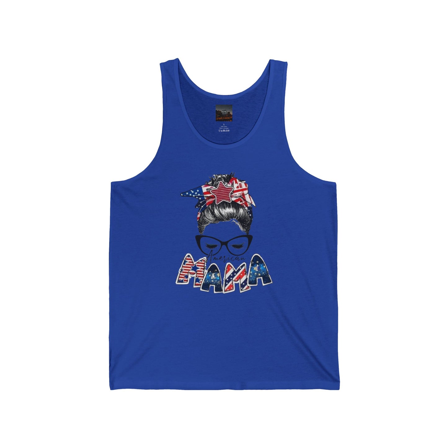#250 Mama USA Flag Messy Bun Tank Top
