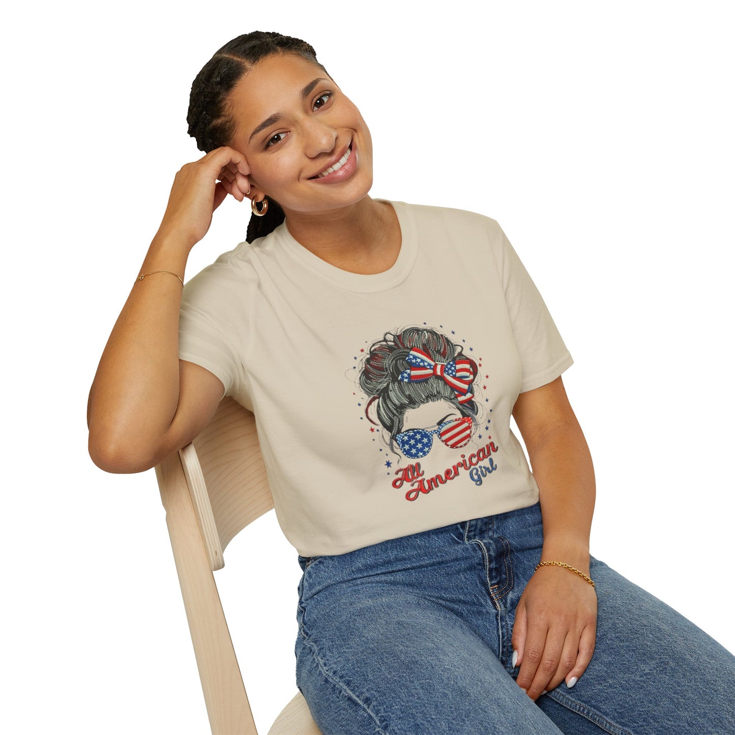 #250 "All American Girl" Patriotic Messy Bun T-Shirt