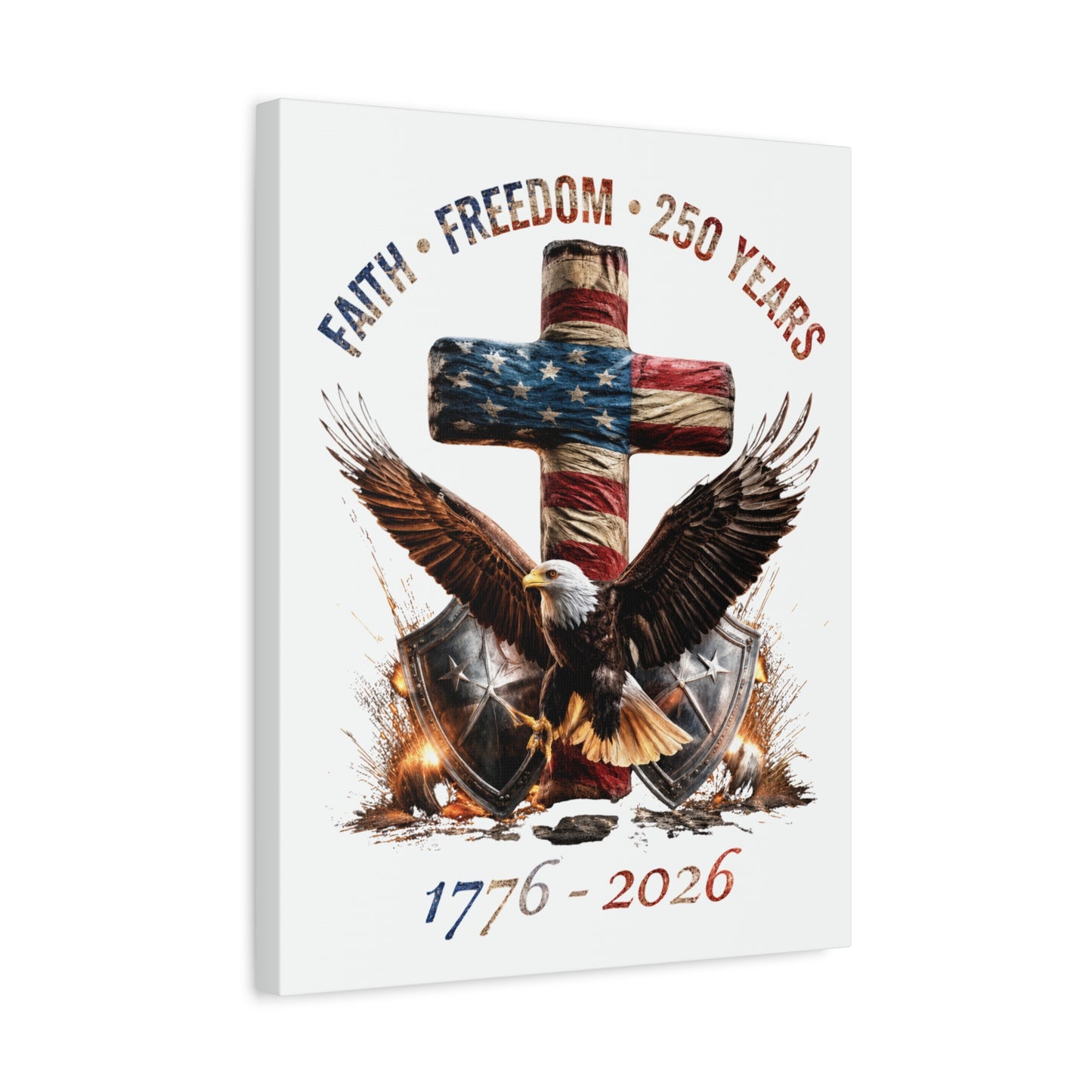 #250 Faith • Freedom 250 Years American Flag Cross & Eagle 1776-2026 Matte Canvas Wall Art