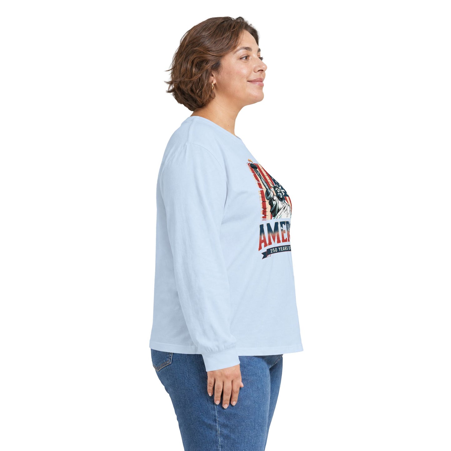 #250 Statue of Liberty American Flag 'America' Patriotic Independence Day Long Sleeve Tee