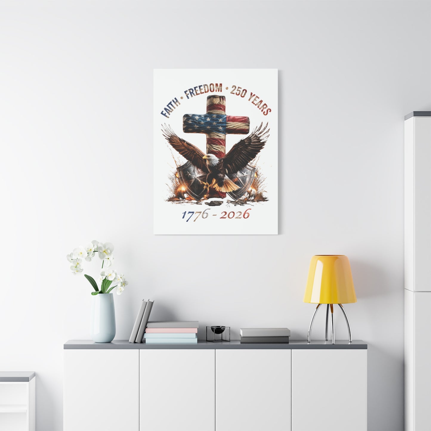 #250 Faith • Freedom 250 Years American Flag Cross & Eagle 1776-2026 Matte Canvas Wall Art