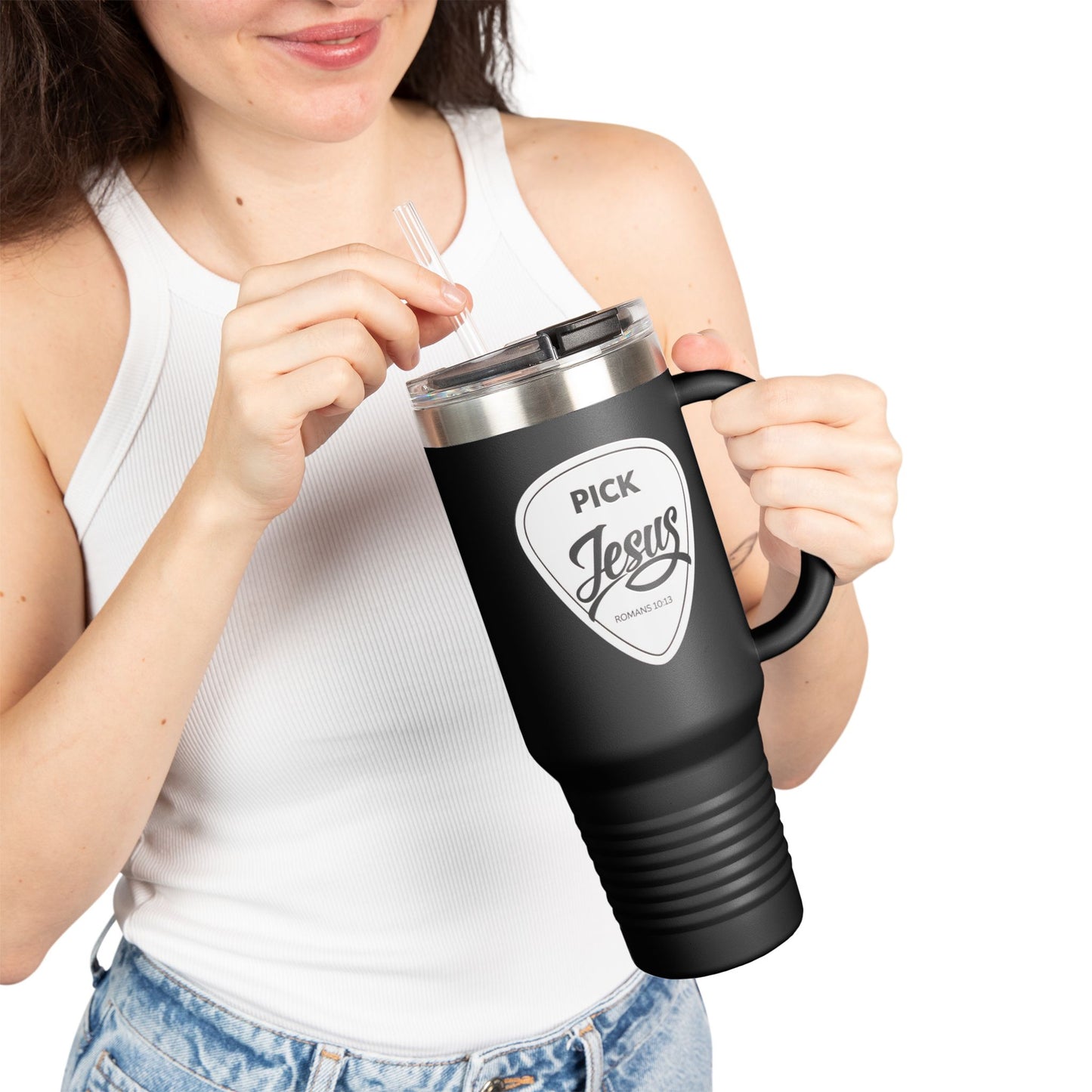 Pick Jesus Guitar Pick 40oz Christian Guitar Pick Design (Romans 10:13) Insulated Travel Mug