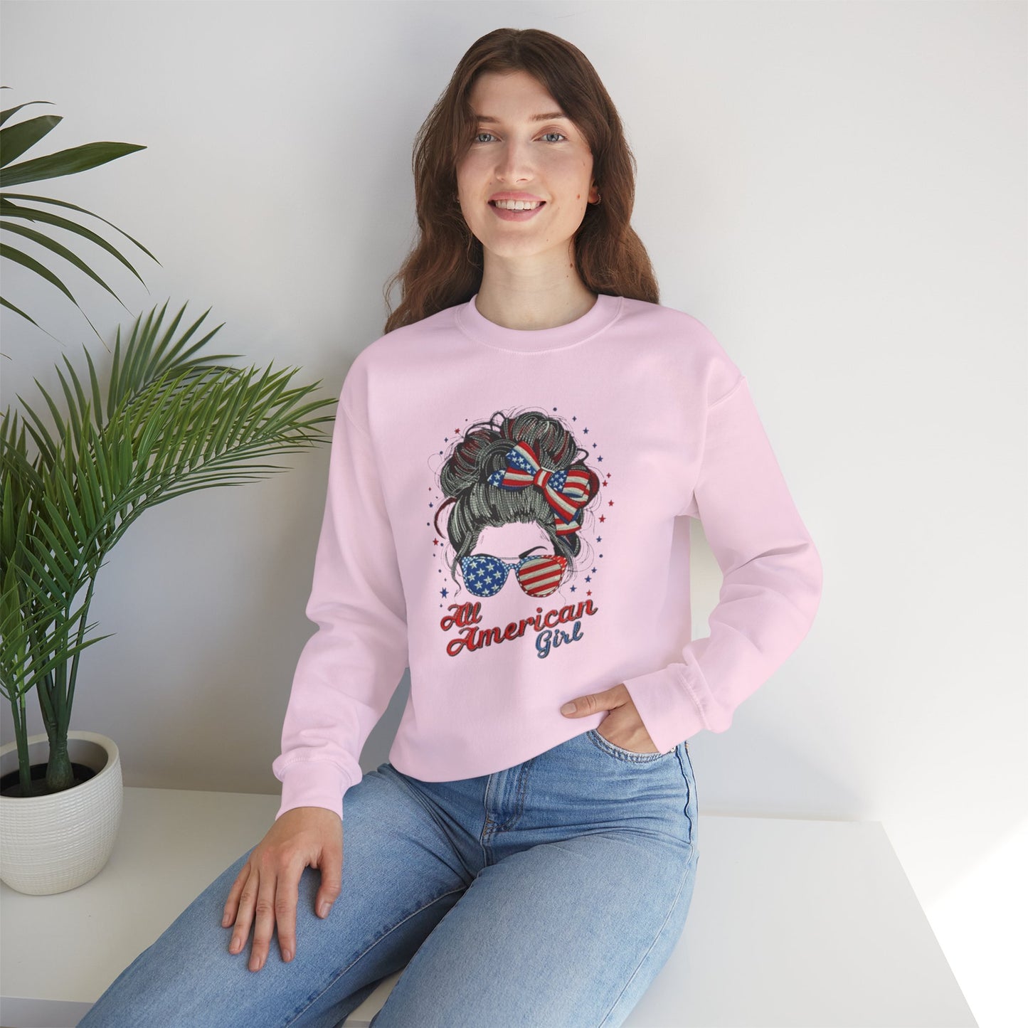 #250 "All American Girl" Patriotic Messy Bun Sweatshirt