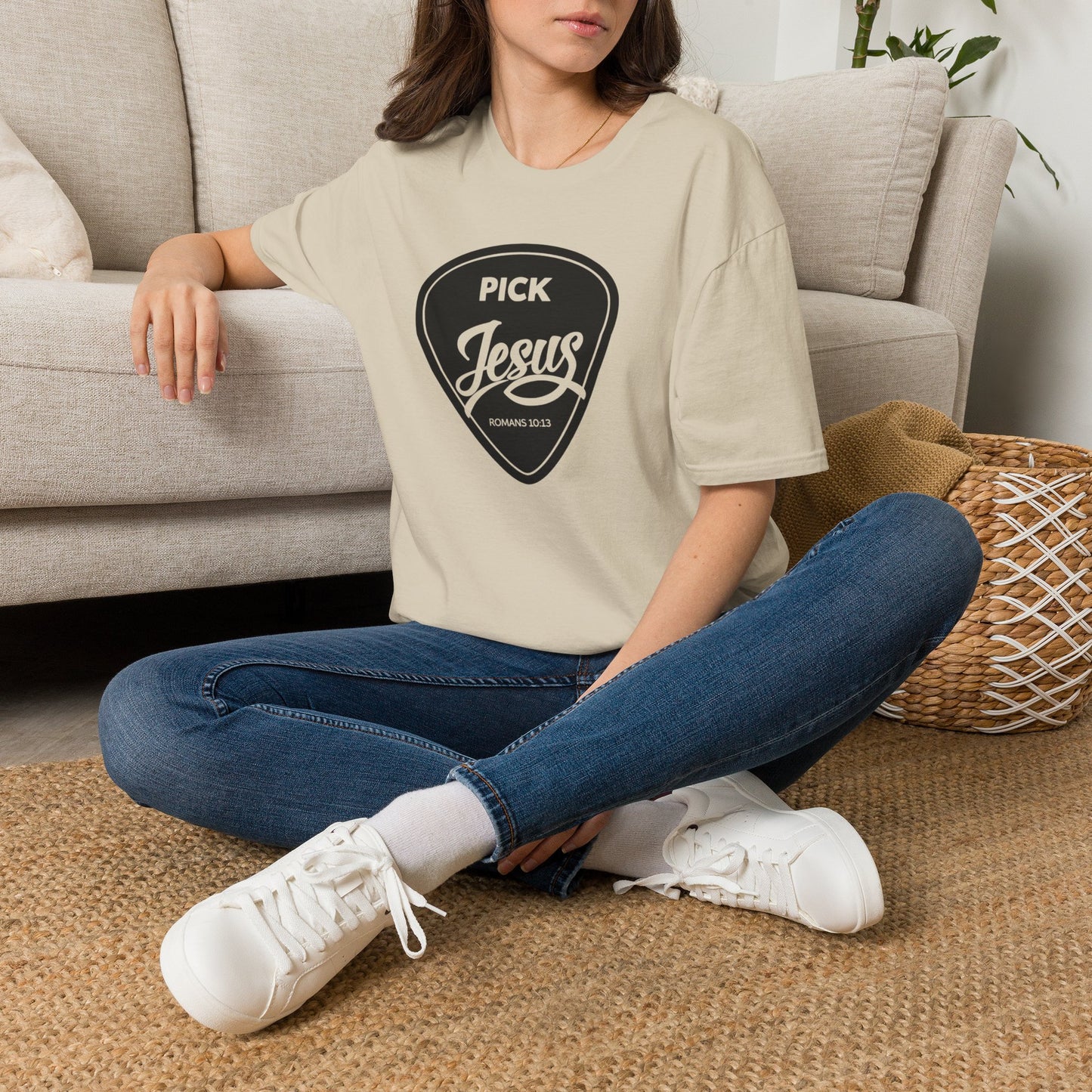 Pick Jesus T-Shirt — Christian Guitar Pick Design (Romans 10:13)