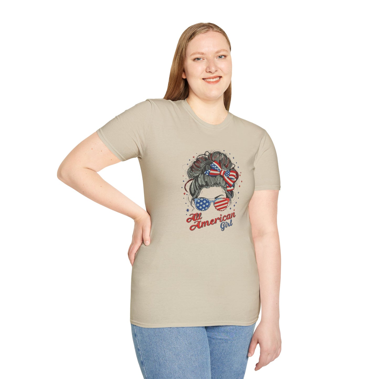 #250 "All American Girl" Patriotic Messy Bun T-Shirt