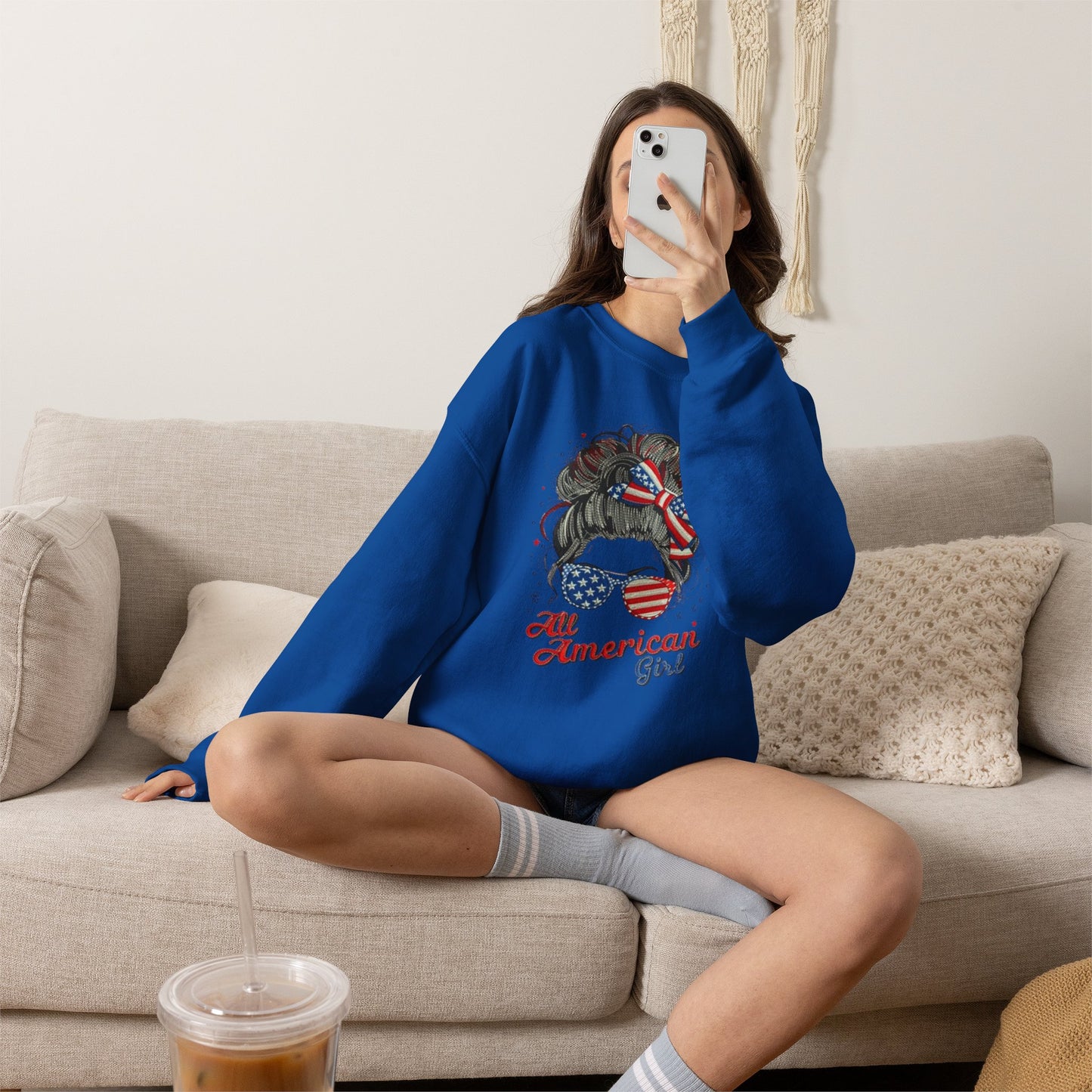 #250 "All American Girl" Patriotic Messy Bun Sweatshirt