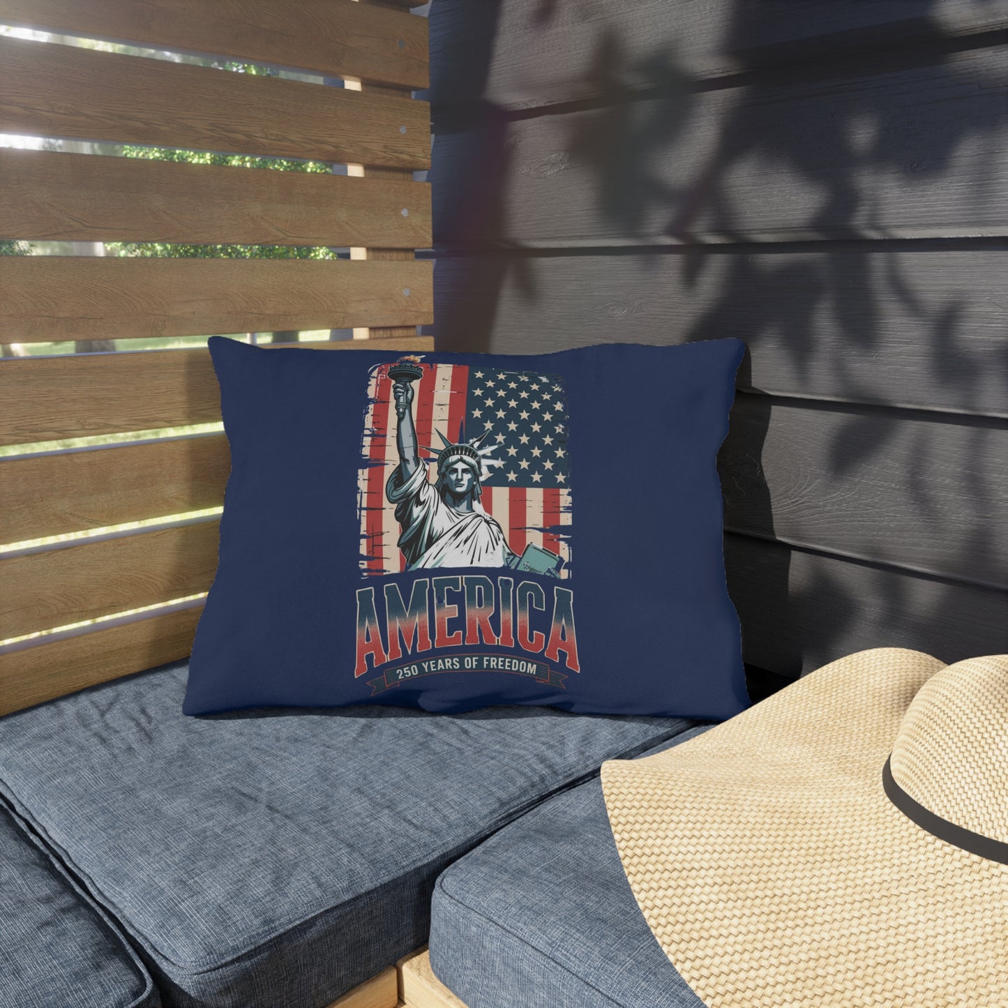 #250 Statue of Liberty American Flag 'America' Patriotic Independence Day Outdoor Throw Pillow