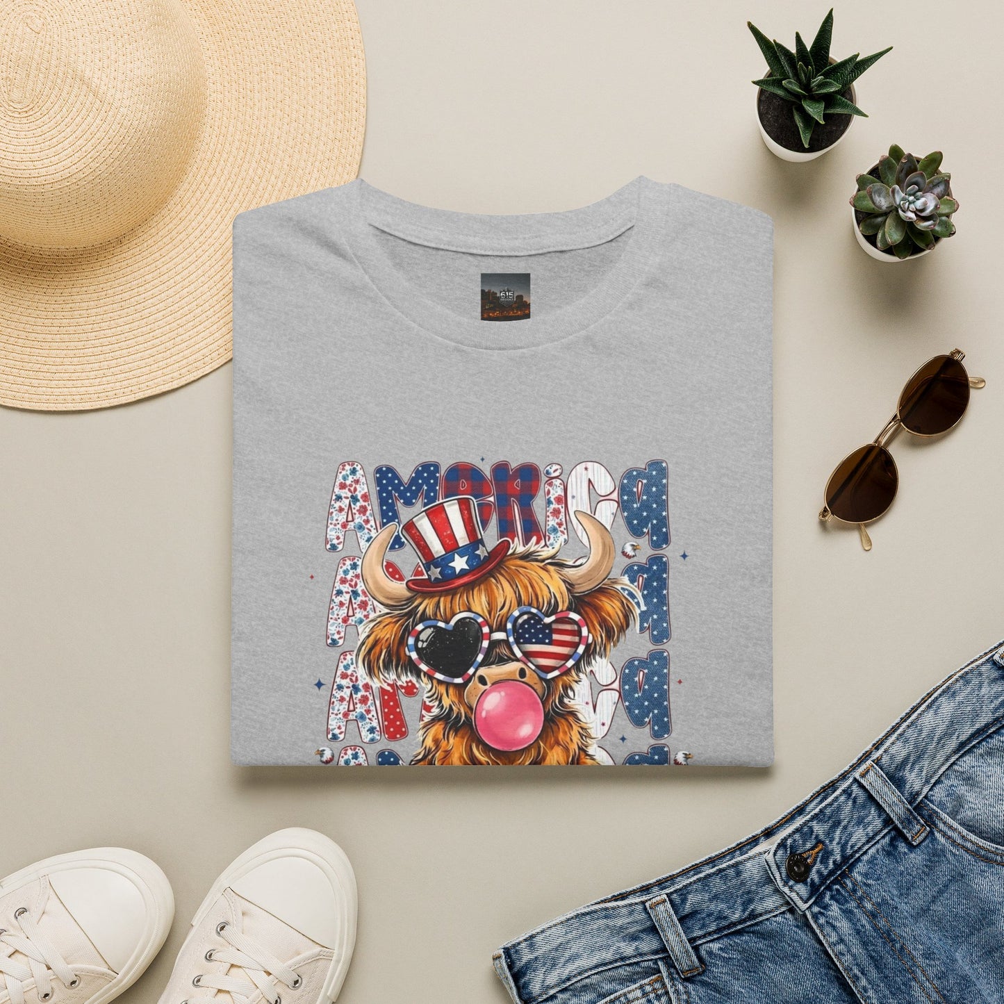 #250 American Flag Bubblegum Patriotic Highland Cow T-Shirt