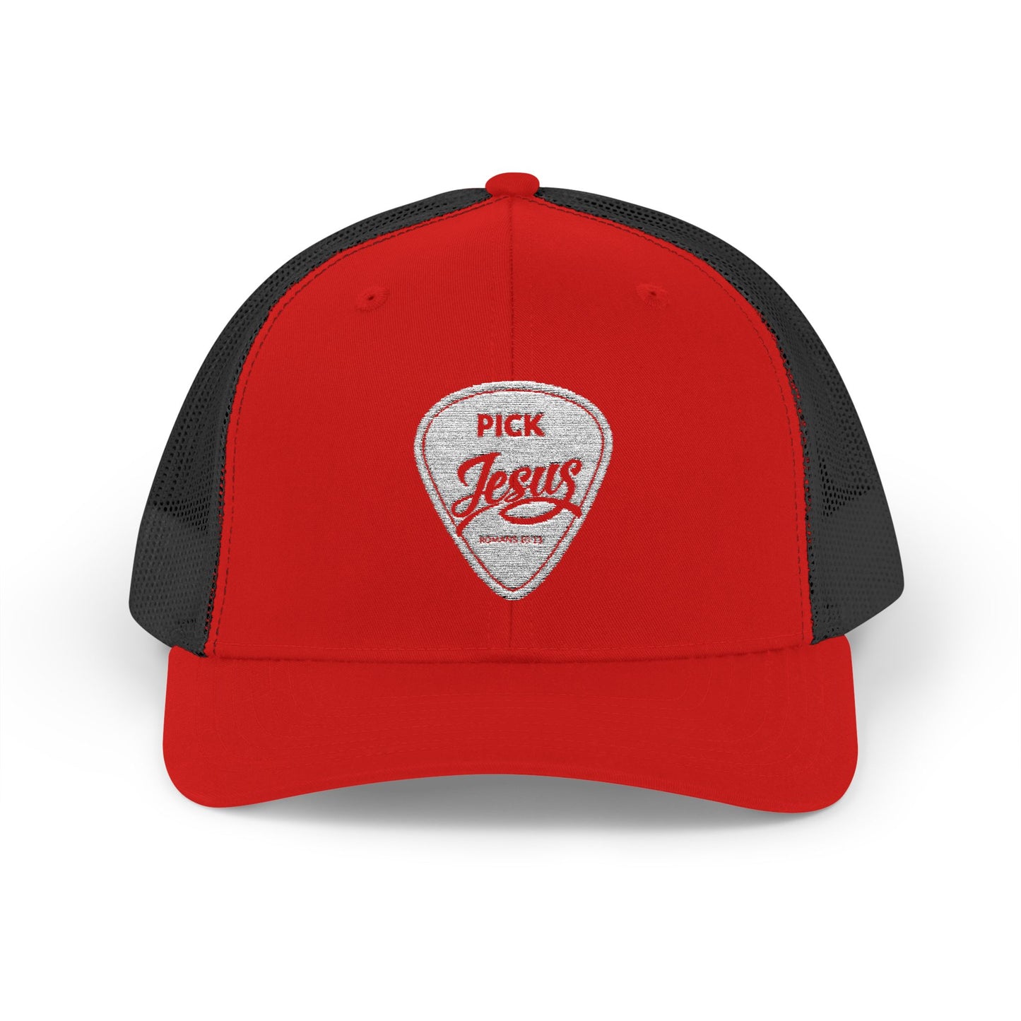 Pick Jesus Guitar Pick Snapback Trucker Cap Christian Guitar Pick Design (Romans 10:13)
