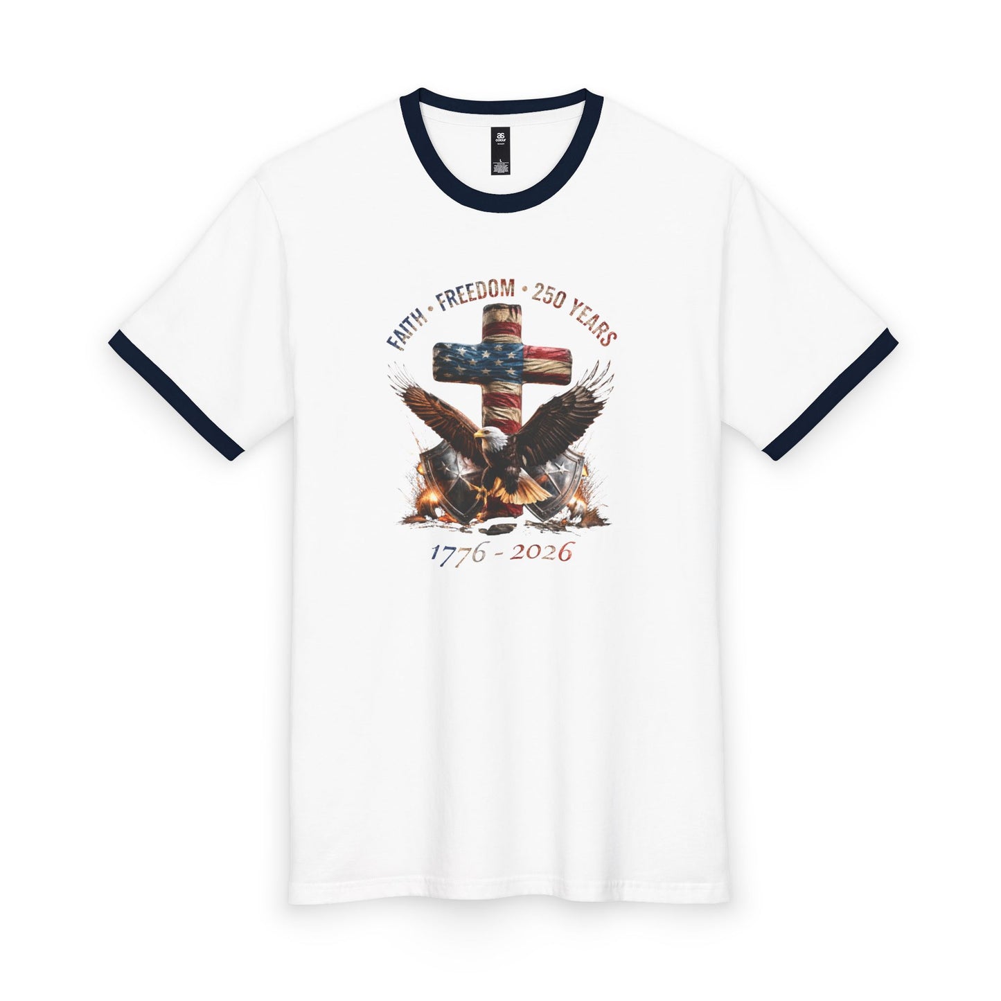 #250 Faith • Freedom 250 Years American Flag Cross & Eagle 1776-2026 Ringer Tee