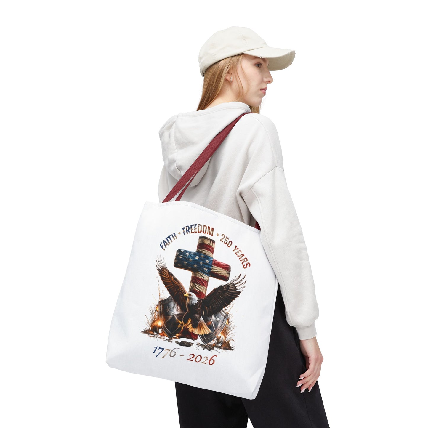 #250 Faith • Freedom 250 Years American Flag Cross & Eagle 1776-2026 Tote Bag