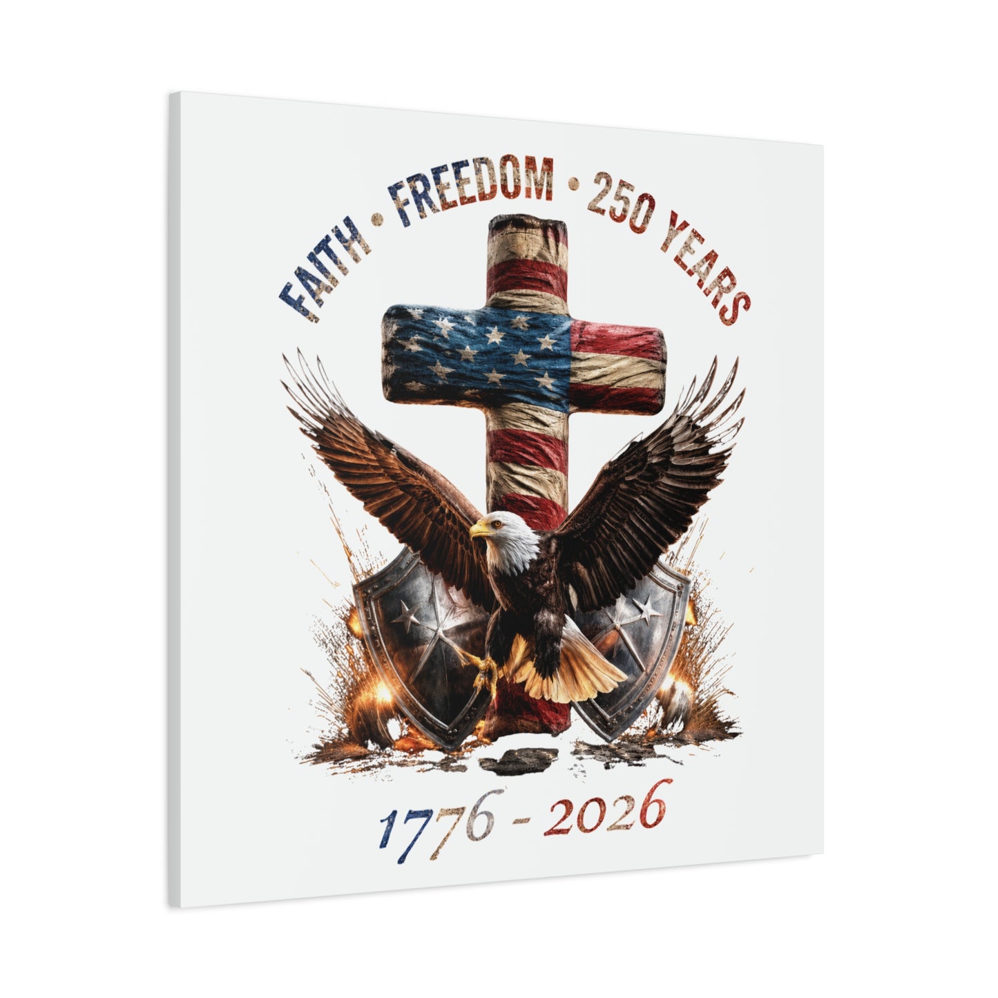 #250 Faith • Freedom 250 Years American Flag Cross & Eagle 1776-2026 Matte Canvas Wall Art