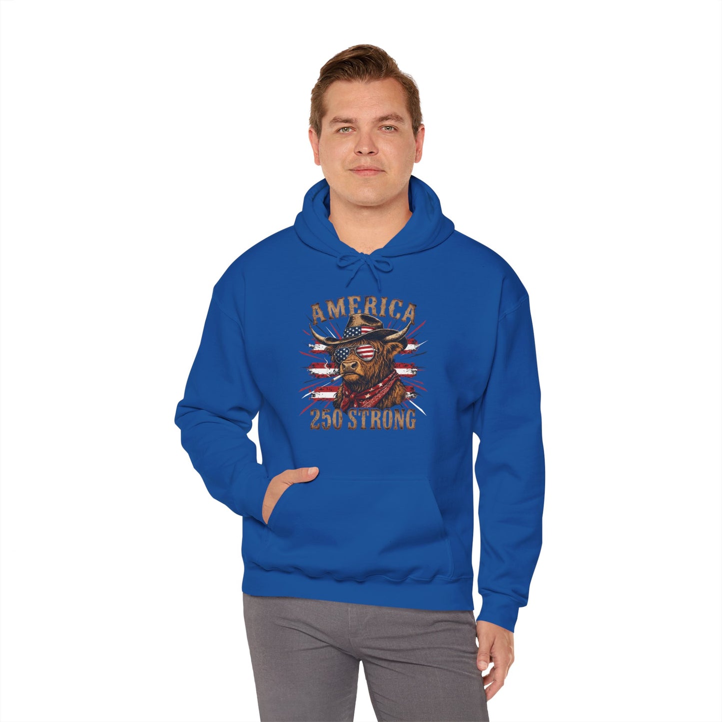 #250 America 250 Strong Patriotic Bull with American Flag Hoodie
