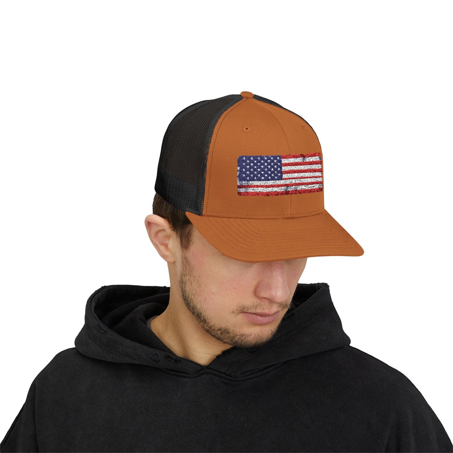 #250 Distressed American Flag Snapback Trucker Cap