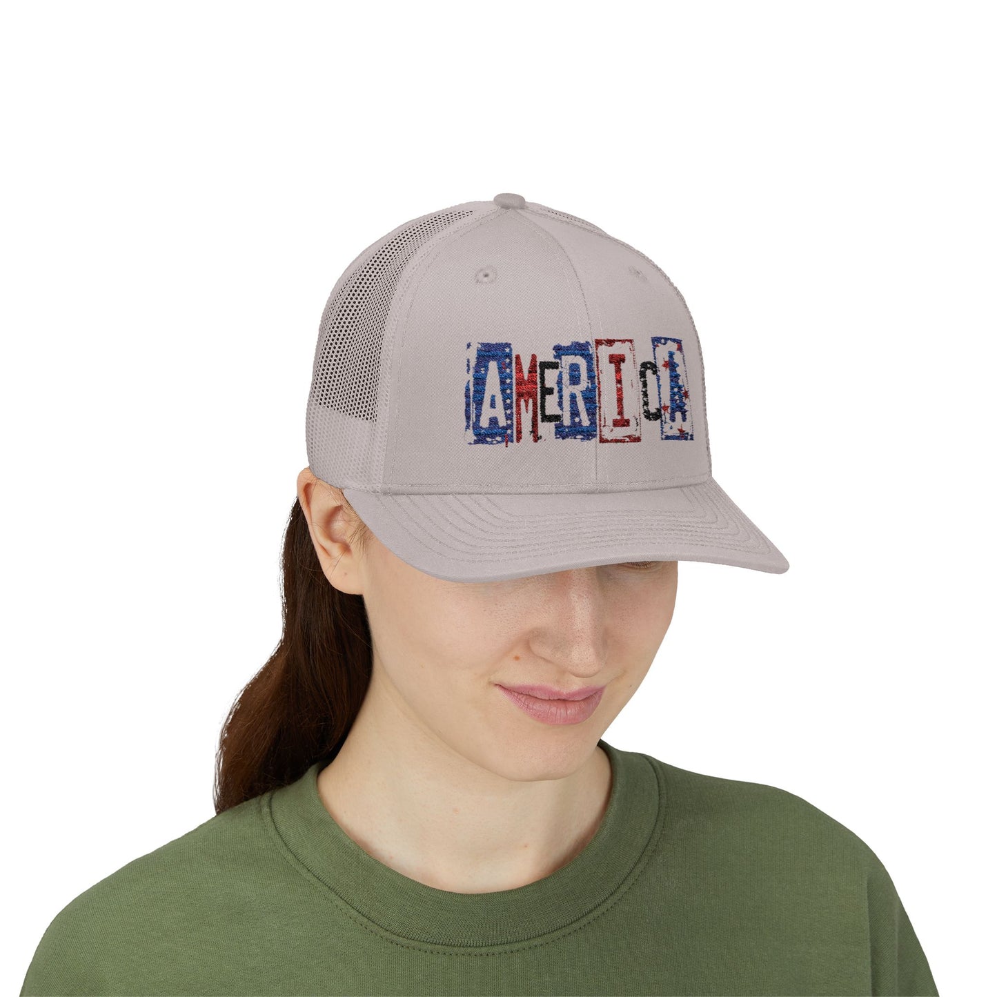 #250 America Retro Block Text Patriotic Snapback Trucker Cap