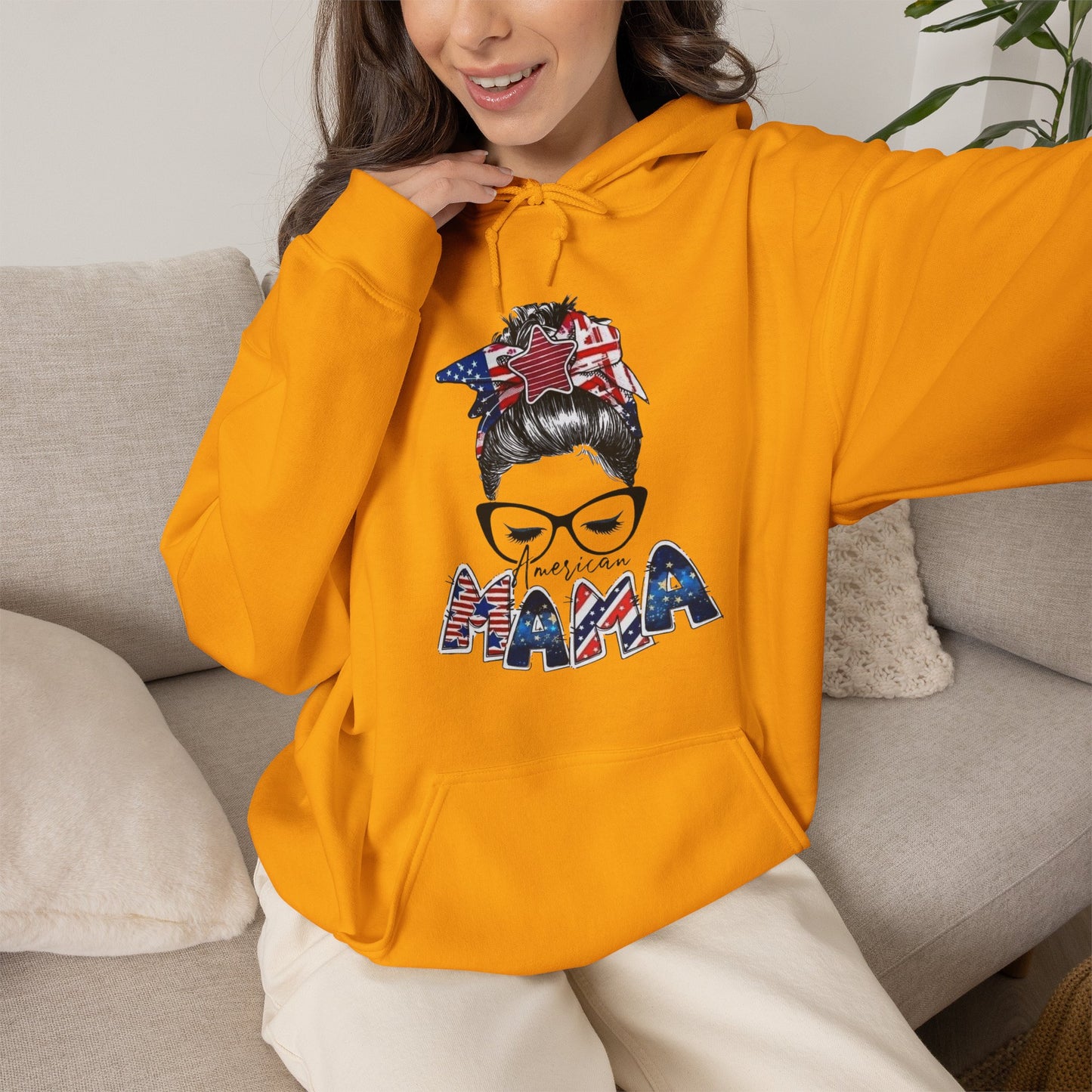 #250 Mama USA Flag Messy Bun Hoodie