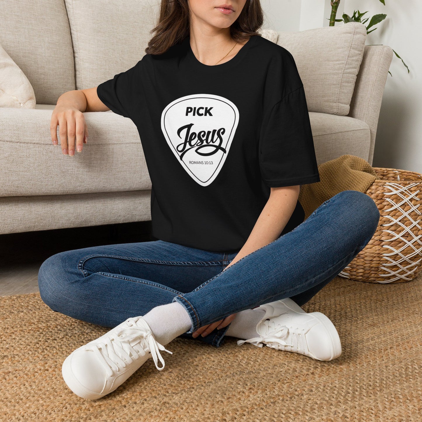 Pick Jesus T-Shirt — Christian Guitar Pick Design (Romans 10:13)