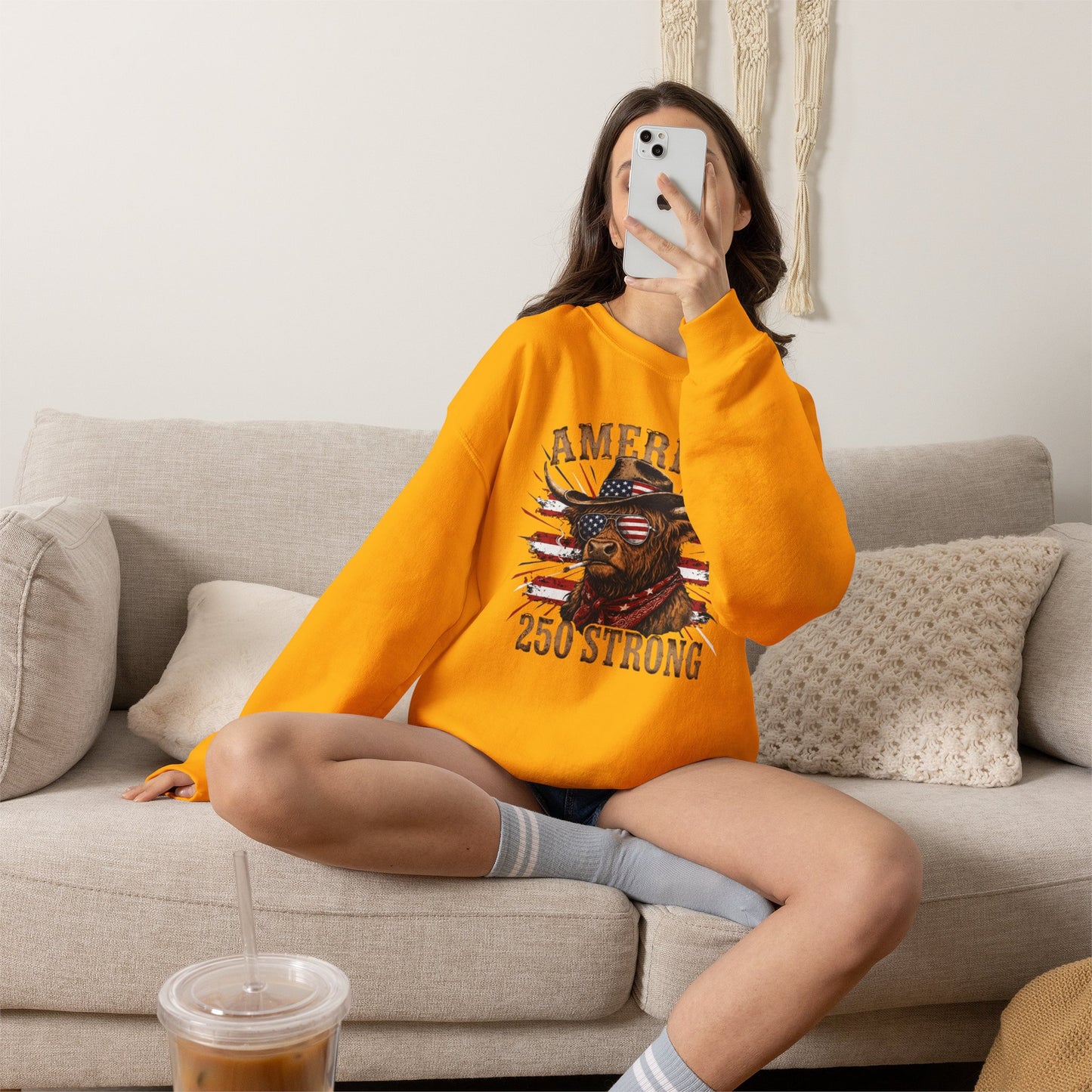 #250 America 250 Strong Patriotic Bull with American Flag Sweatshirt