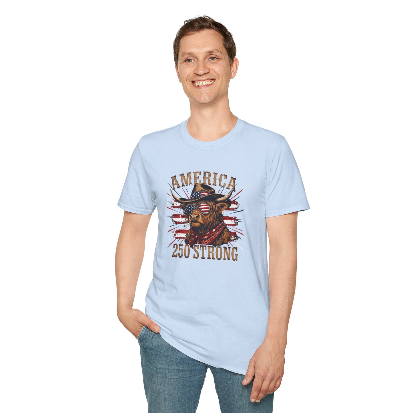 #250 America 250 Strong Patriotic Bull with American Flag T-Shirt