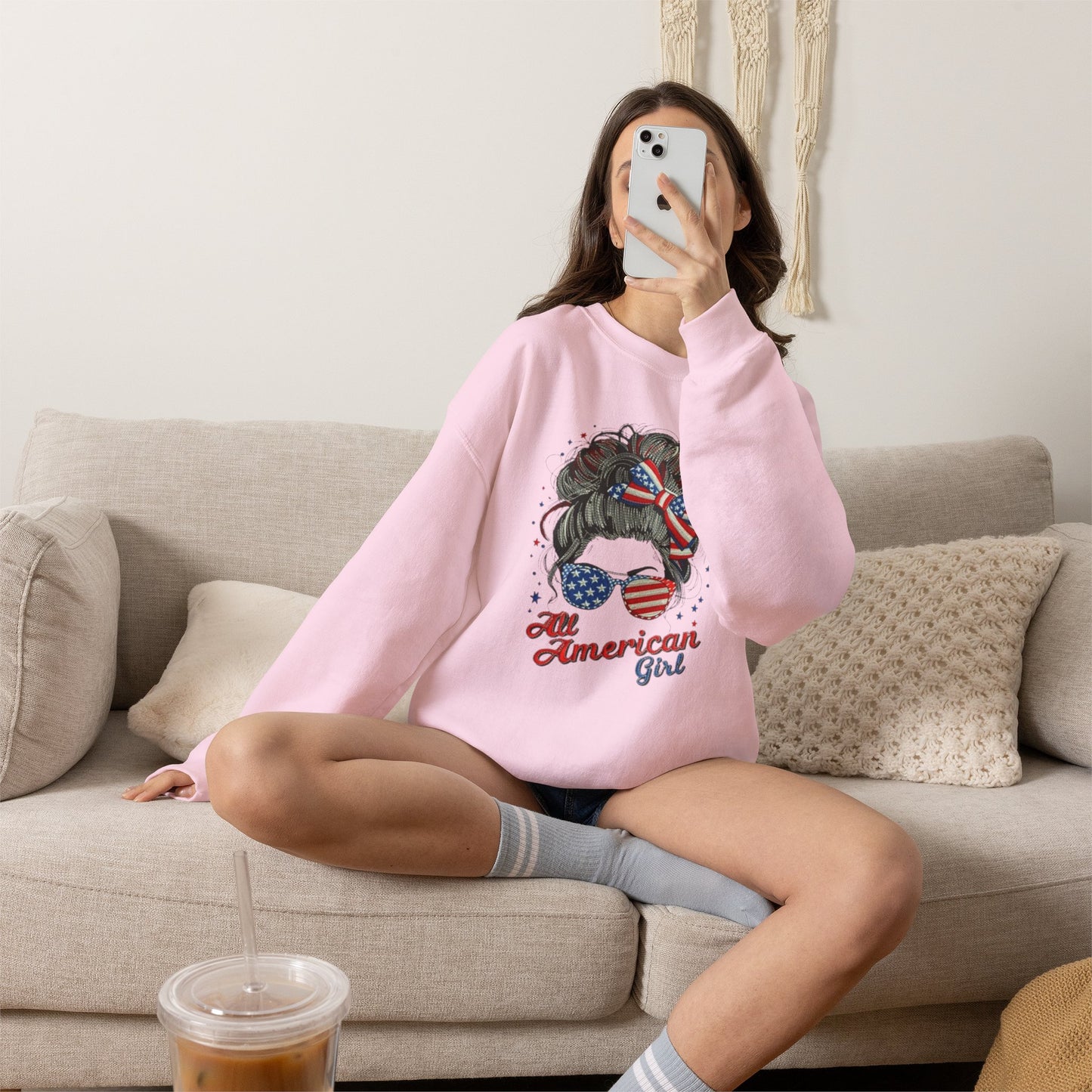 #250 "All American Girl" Patriotic Messy Bun Sweatshirt
