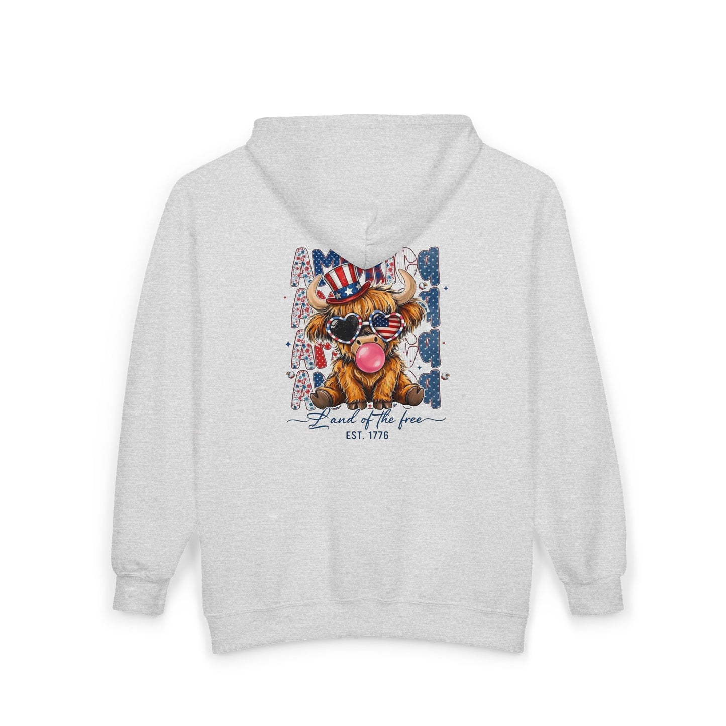 #250 American Flag Bubblegum Patriotic Highland Cow Zip Hoodie