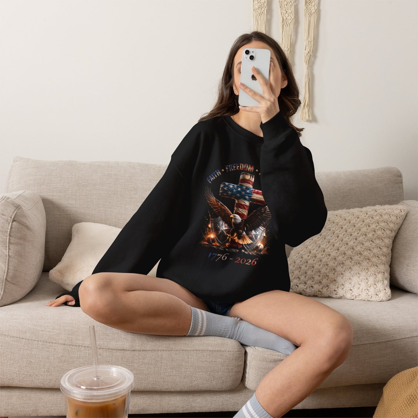 #250 Faith • Freedom 250 Years American Flag Cross & Eagle 1776-2026 Crewneck Sweatshirt