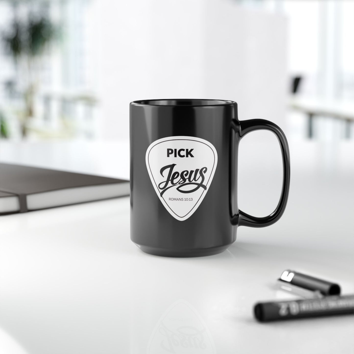 Pick Jesus Guitar Pick Ceramic Mug — Christian Guitar Pick Design (Romans 10:13) 15oz