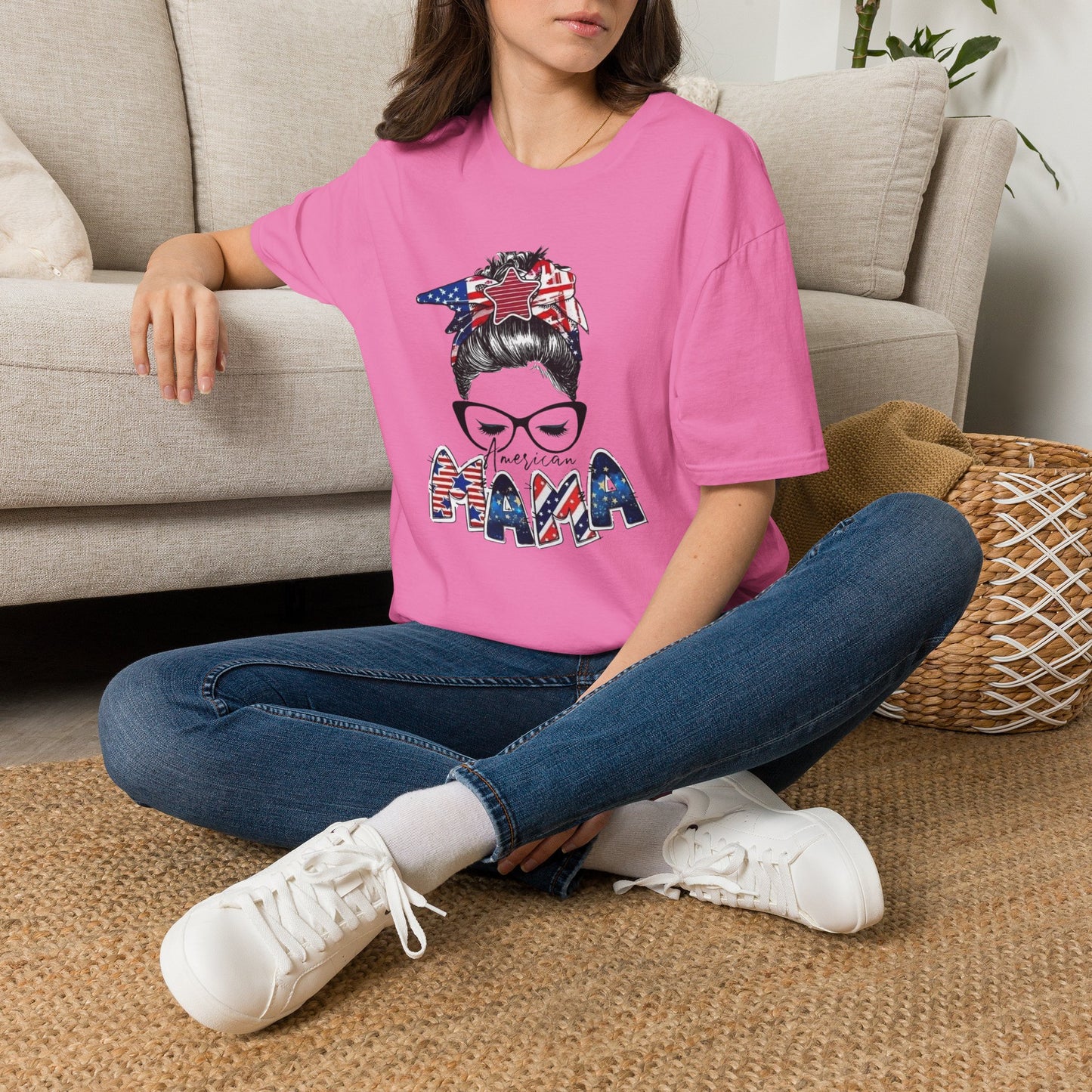 Mama USA Flag Messy Bun T-Shirt