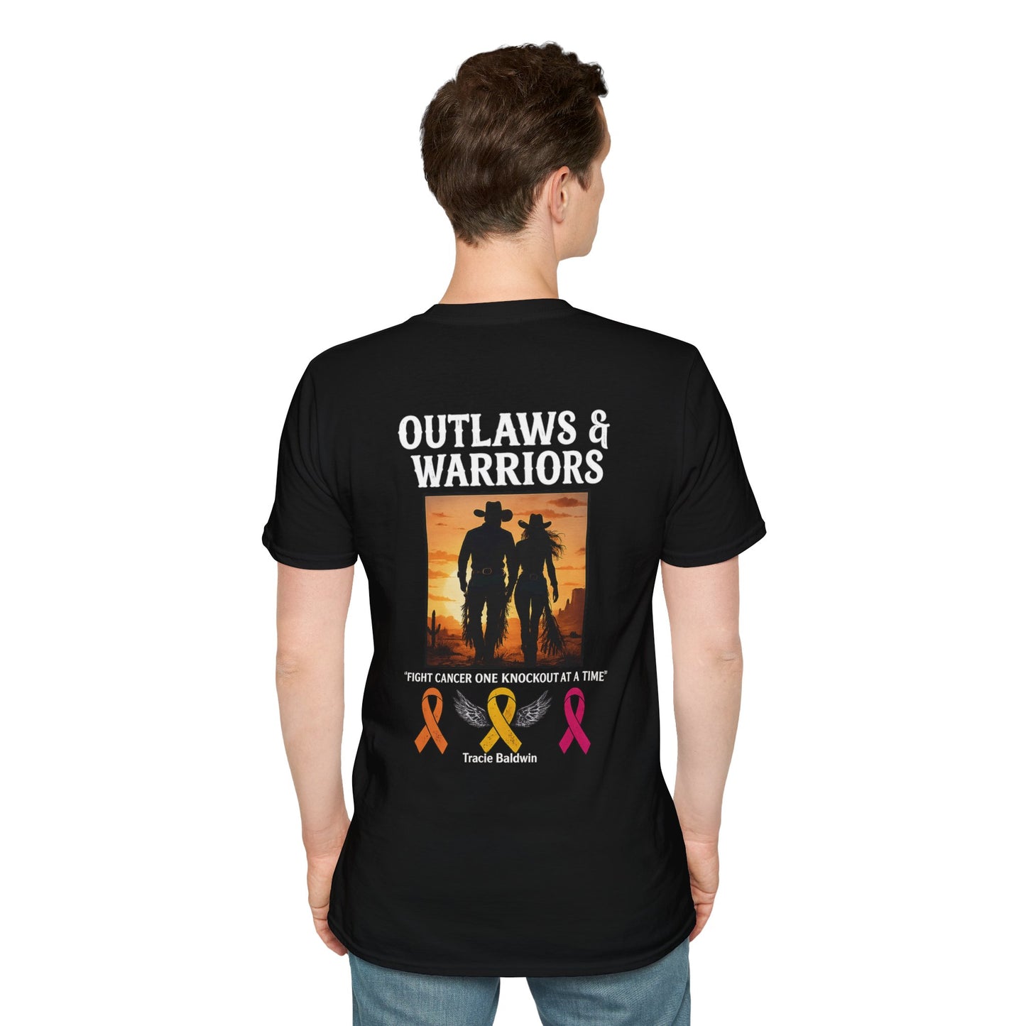 Outlaws & Warriors 100% Cotton SoftStyle T-Shirt — Minimal Chest Logo with Graphic On Back