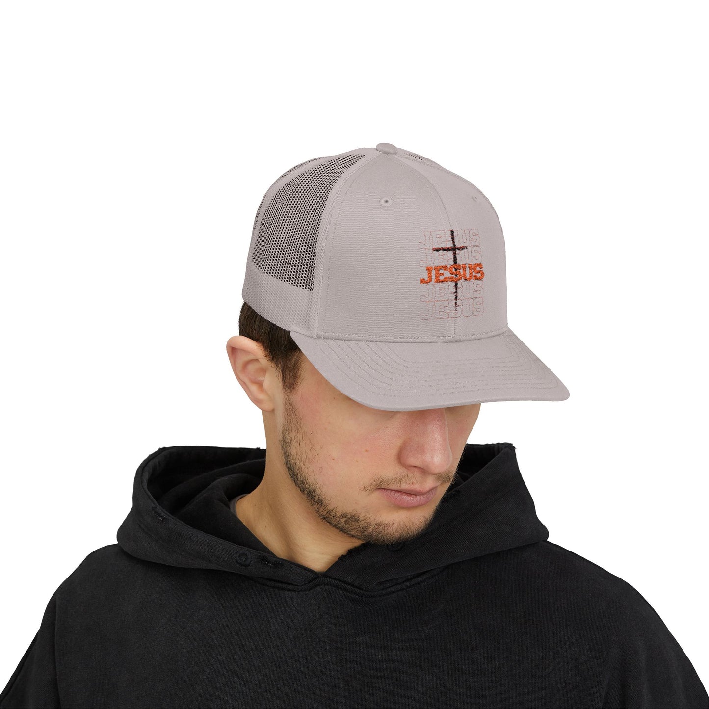 Jesus Cross Red Text Black Cross Graphic Trucker Cap — Faith-Based Snapback Hat