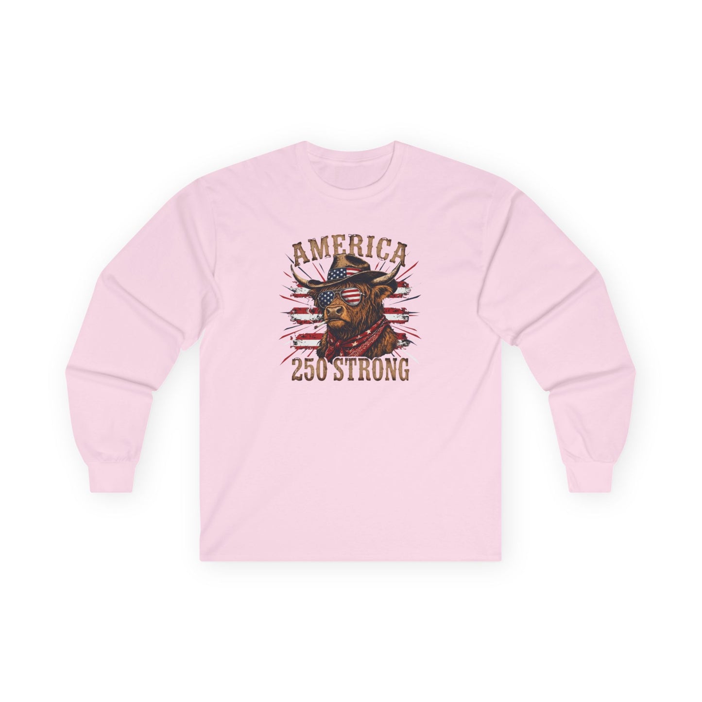 #250 America 250 Strong Patriotic Bull with American Flag Long Sleeve Tee