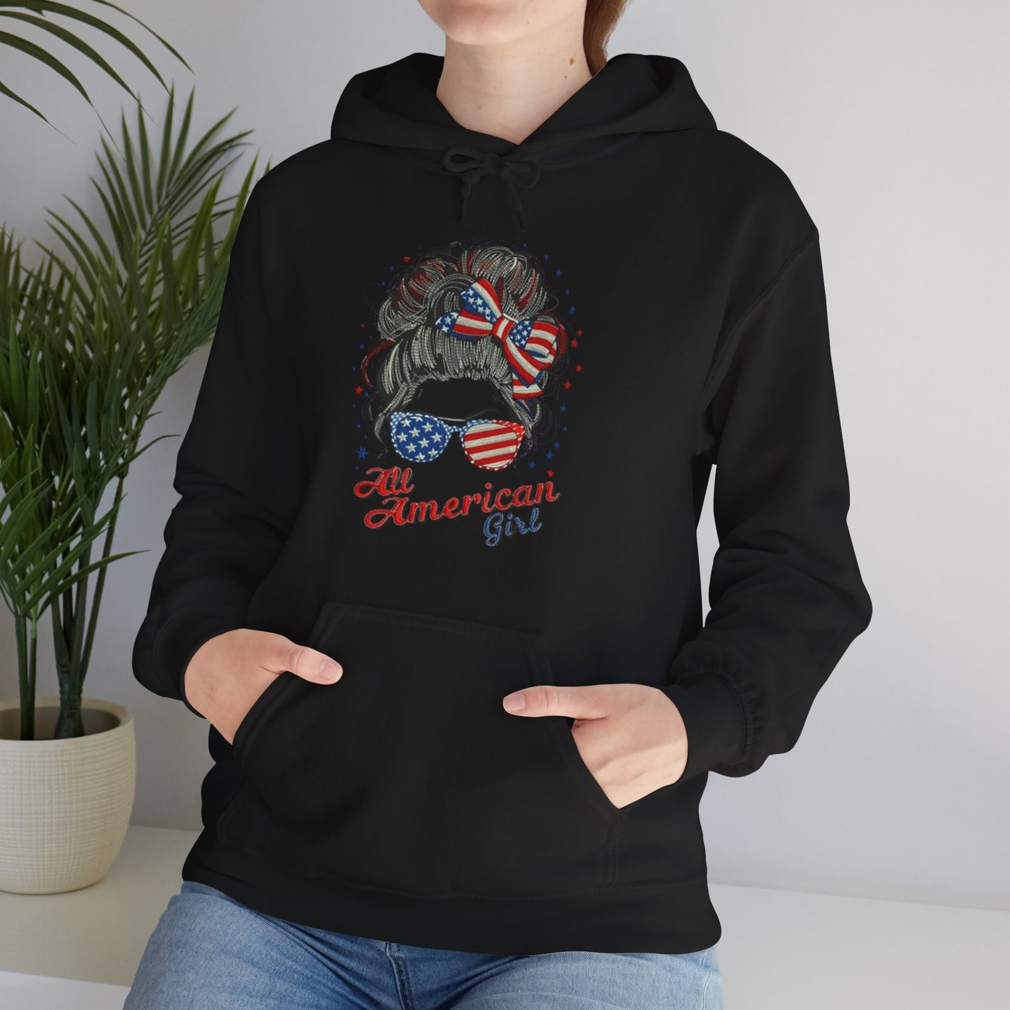 #250 "All American Girl" Patriotic Messy Bun Hoodie