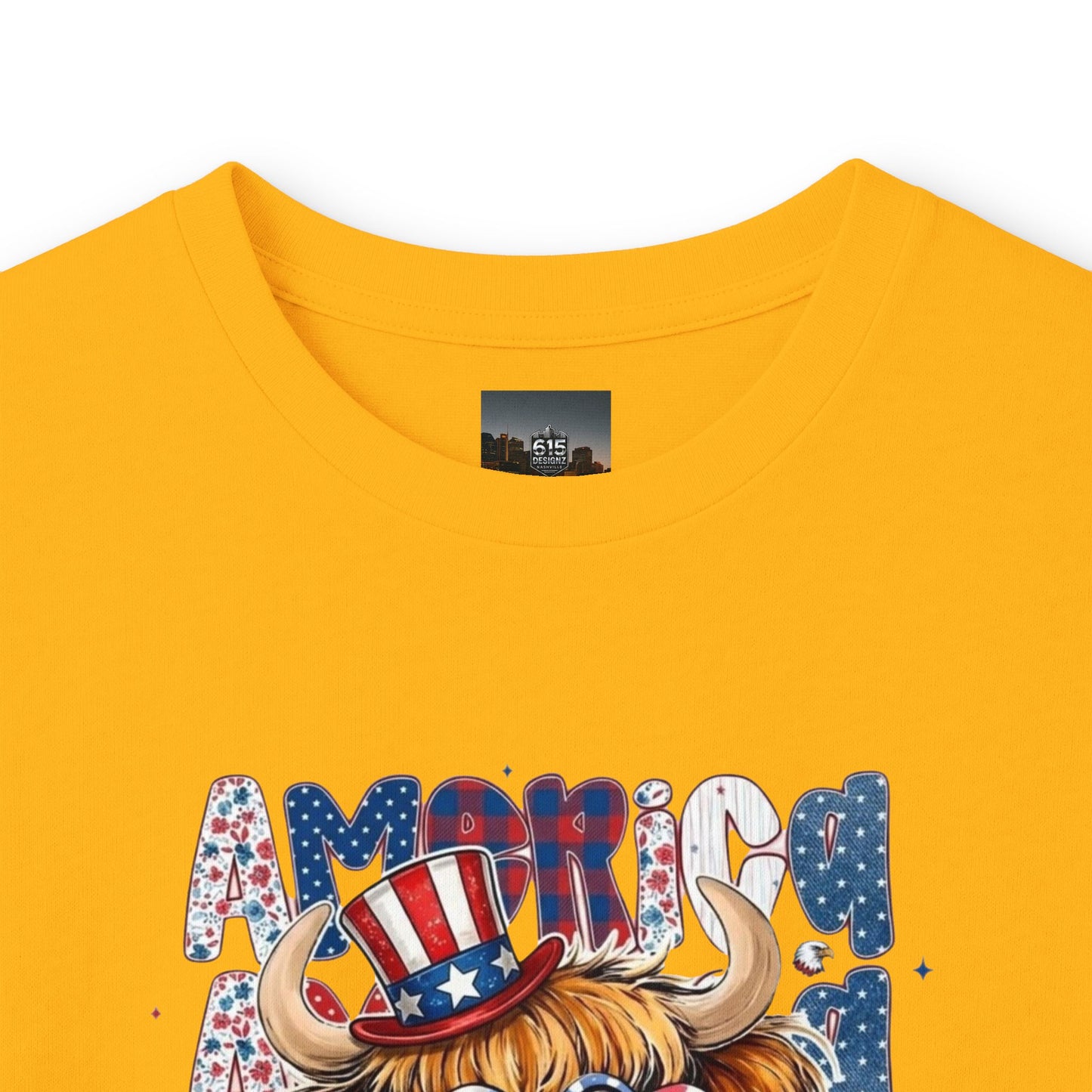 #250 American Flag Bubblegum Patriotic Highland Cow Long Sleeve Tee